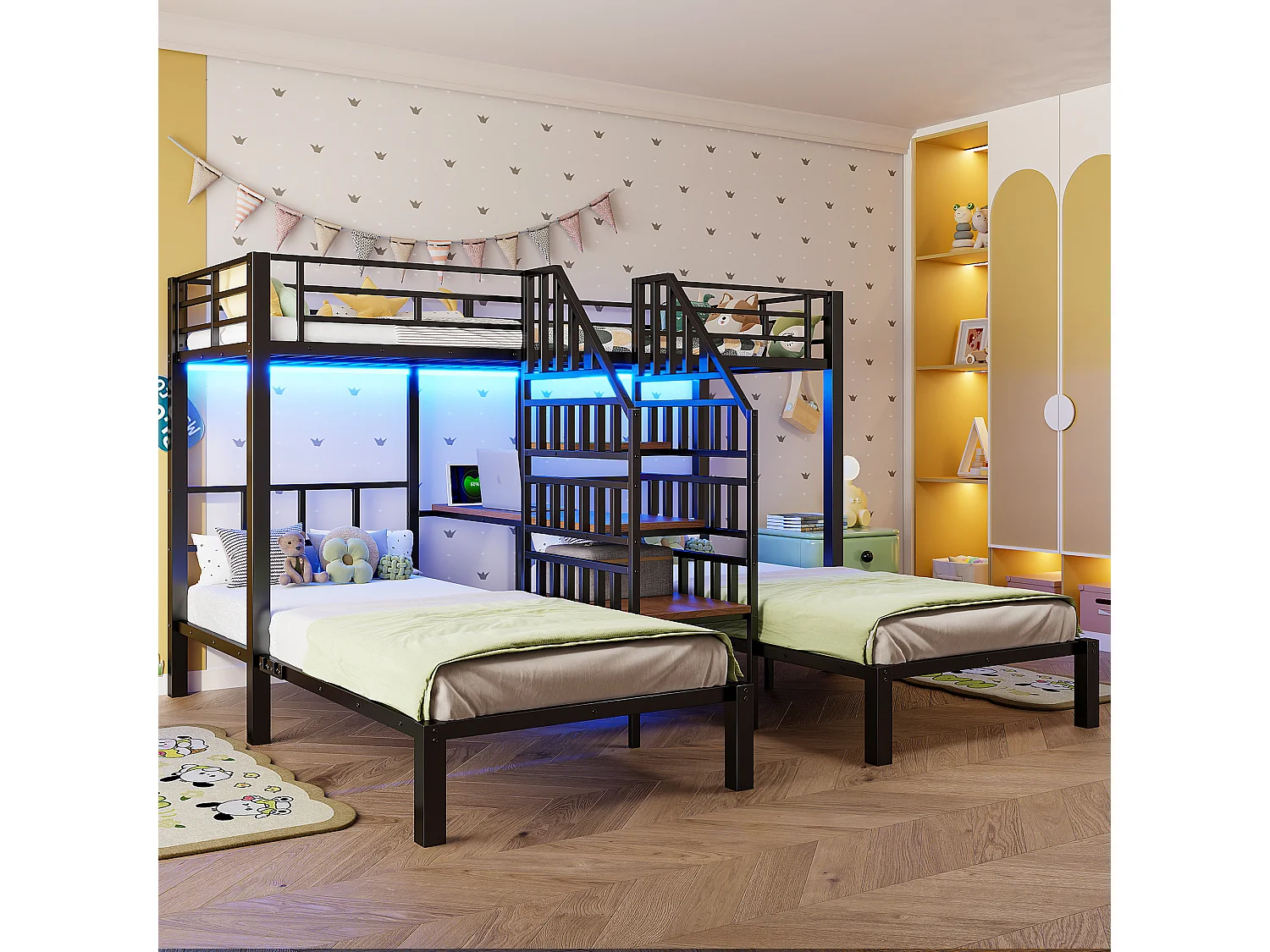 Lit superposé 90x200 cm - 3 couchages - avec bande lumineuse LED - équipé de 2 ports USB + 1 prise électrique - avec bureau - noir (matelas non inclus)