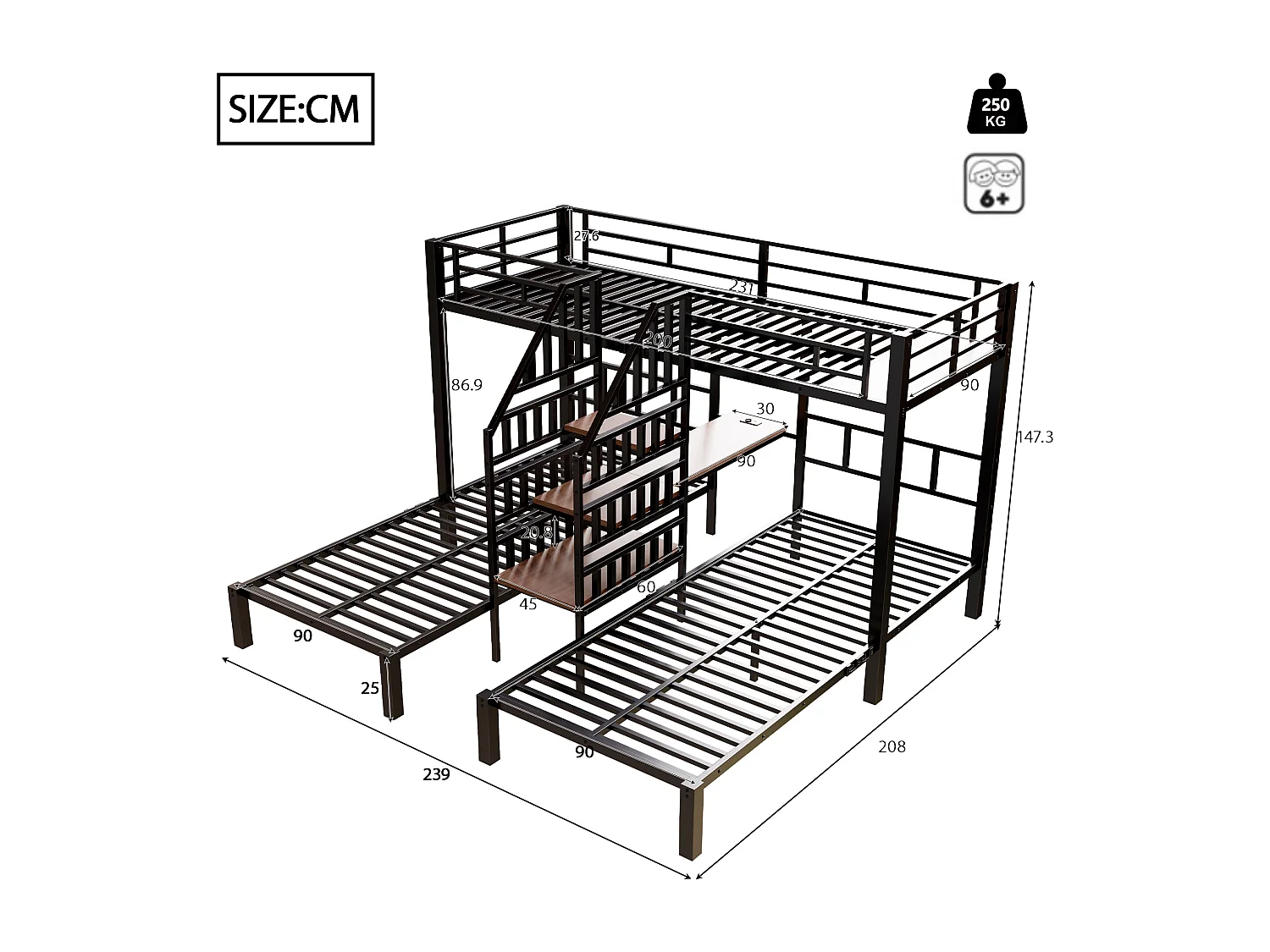 Lit superposé 90x200 cm - 3 couchages - avec bande lumineuse LED - équipé de 2 ports USB + 1 prise électrique - avec bureau - noir (matelas non inclus)