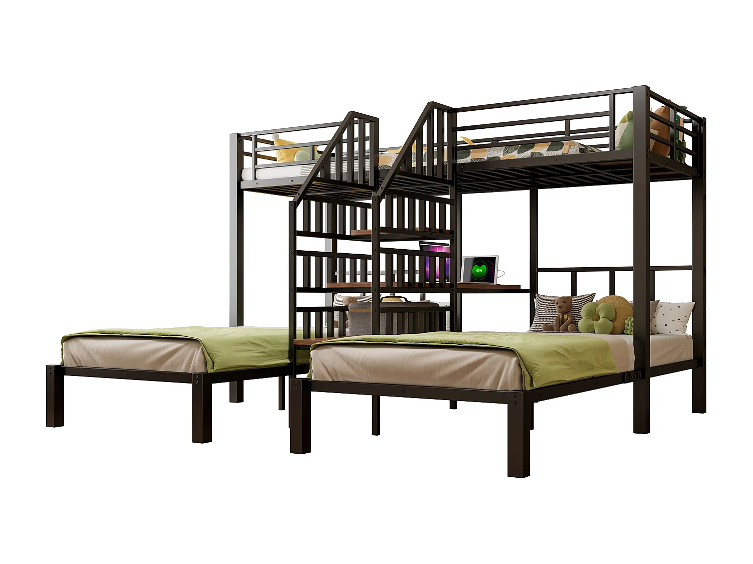 Lit superposé 90x200 cm - 3 couchages - avec bande lumineuse LED - équipé de 2 ports USB + 1 prise électrique - avec bureau - noir (matelas non inclus)