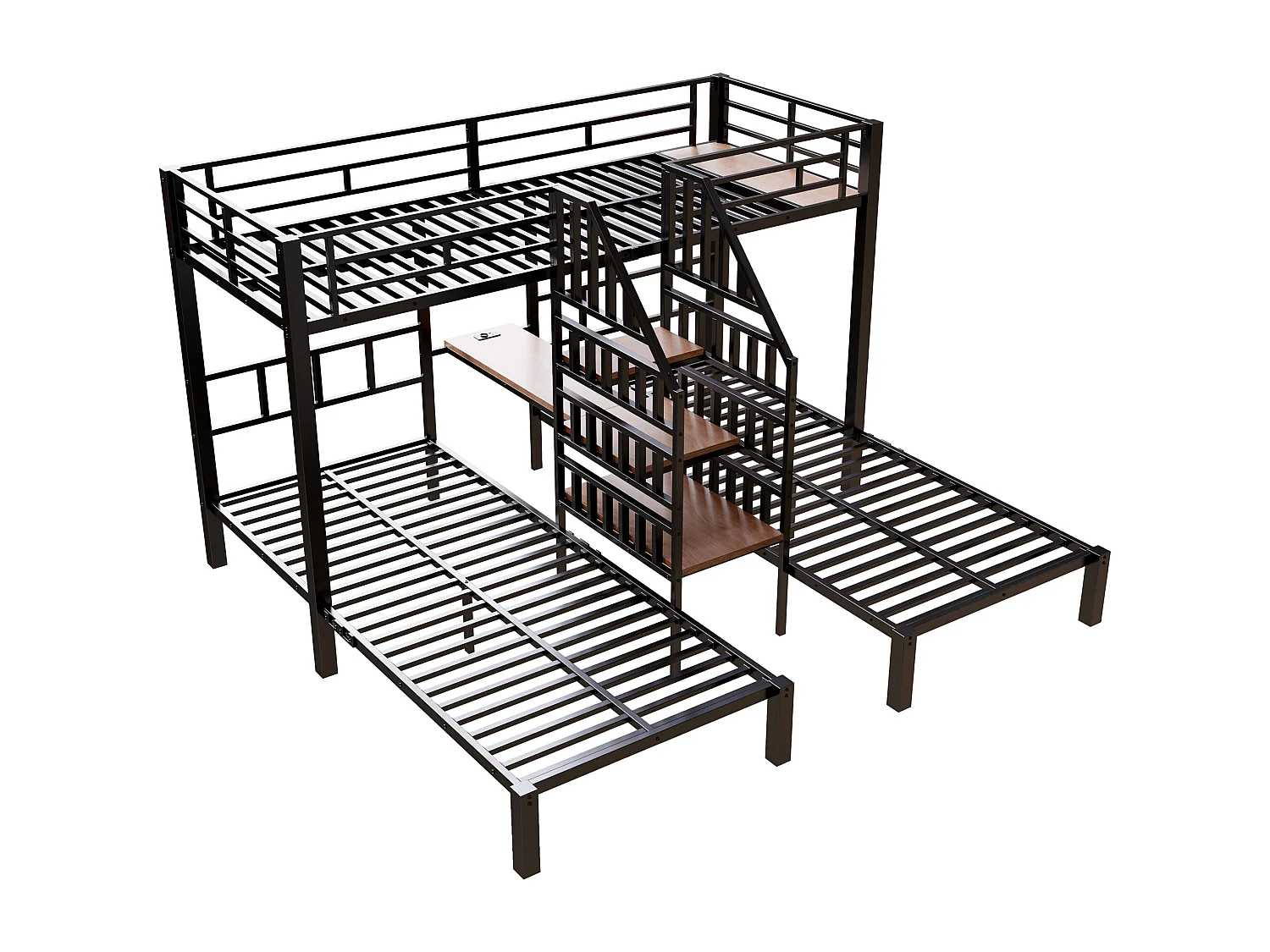 Lit superposé 90x200 cm - 3 couchages - avec bande lumineuse LED - équipé de 2 ports USB + 1 prise électrique - avec bureau - noir (matelas non inclus)