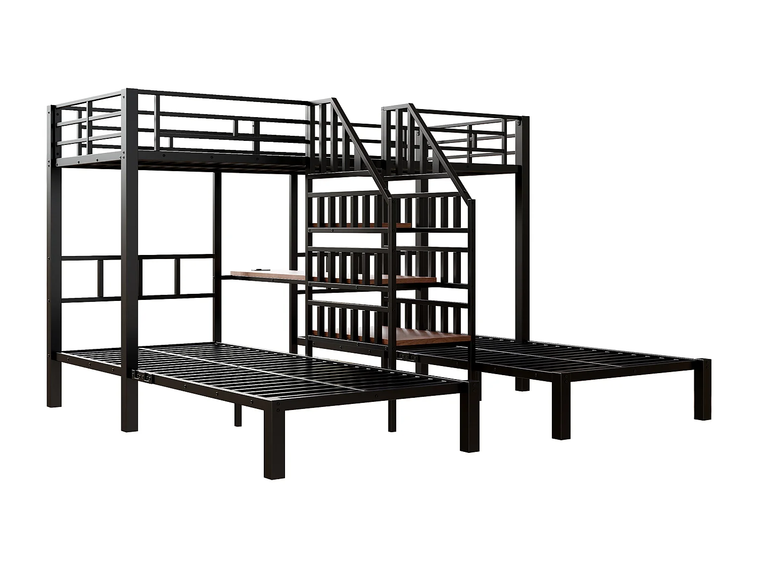 Lit superposé 90x200 cm - 3 couchages - avec bande lumineuse LED - équipé de 2 ports USB + 1 prise électrique - avec bureau - noir (matelas non inclus)