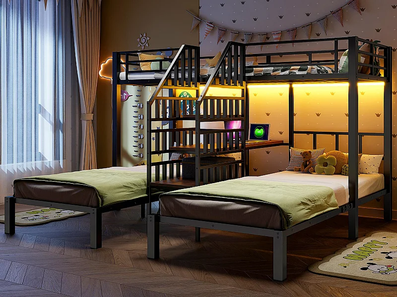 Lit superposé 90x200 cm - 3 couchages - avec bande lumineuse LED - équipé de 2 ports USB + 1 prise électrique - avec bureau - noir (matelas non inclus)