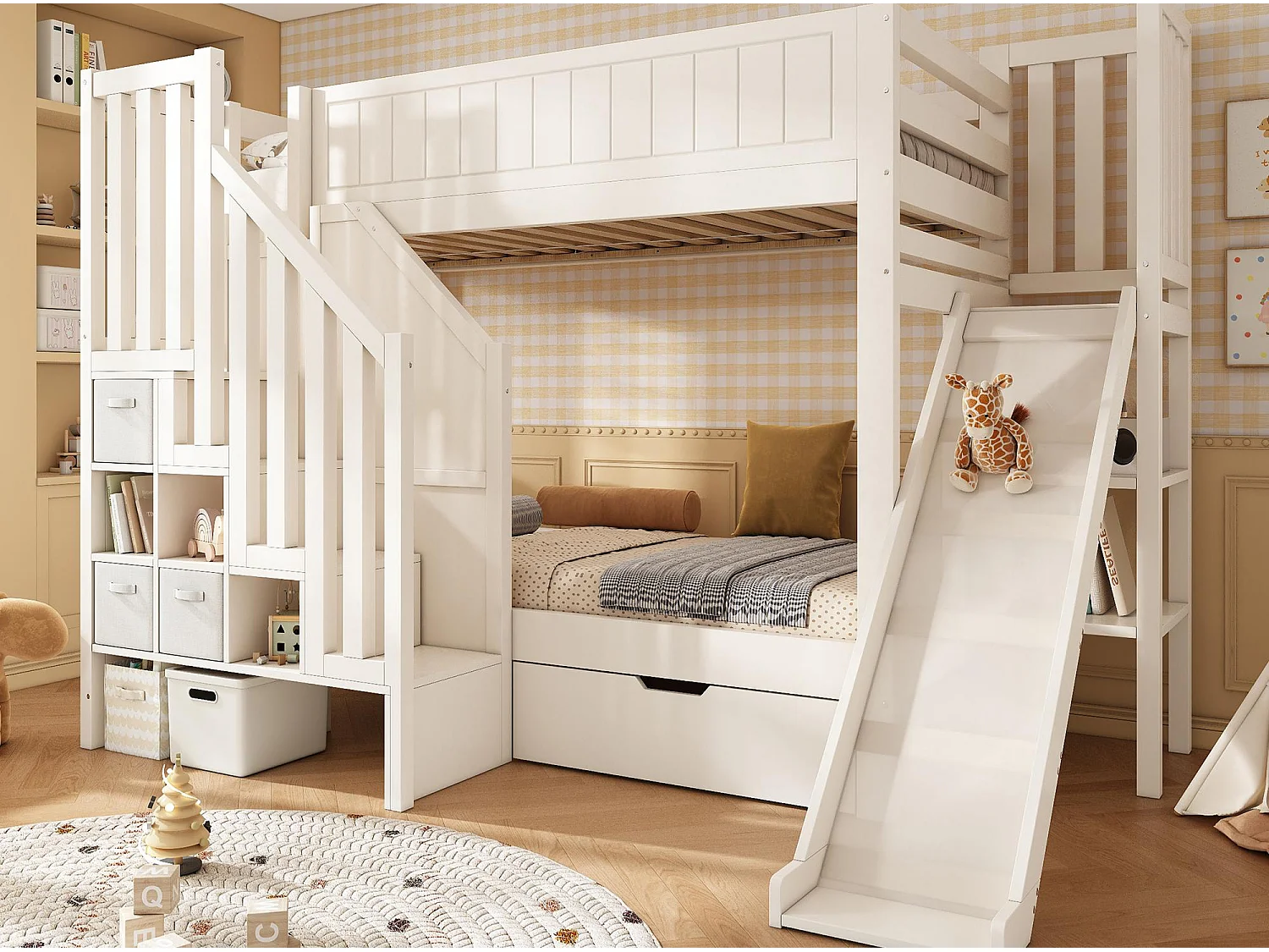 Lit superposé pour enfants 90x200cm - avec toboggan et escalier de rangement - avec 1 tiroir et étagères ouvertes - Blanc (matelas non inclus)