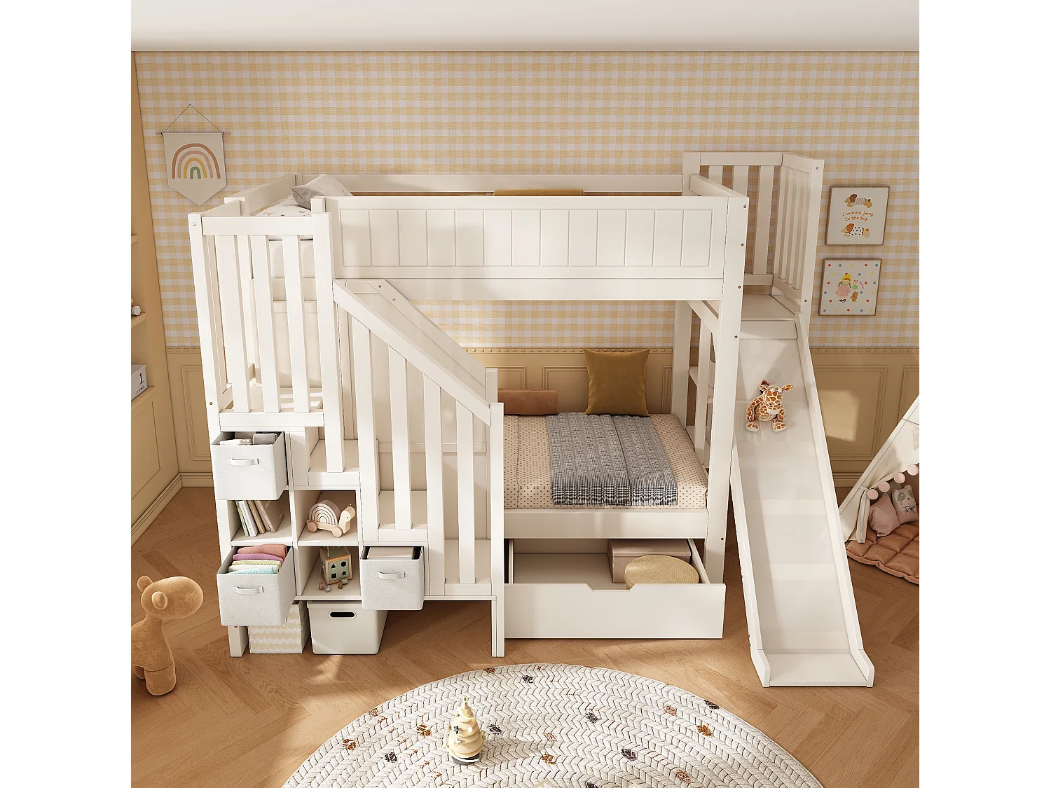 Lit superposé pour enfants 90x200cm - avec toboggan et escalier de rangement - avec 1 tiroir et étagères ouvertes - Blanc (matelas non inclus)