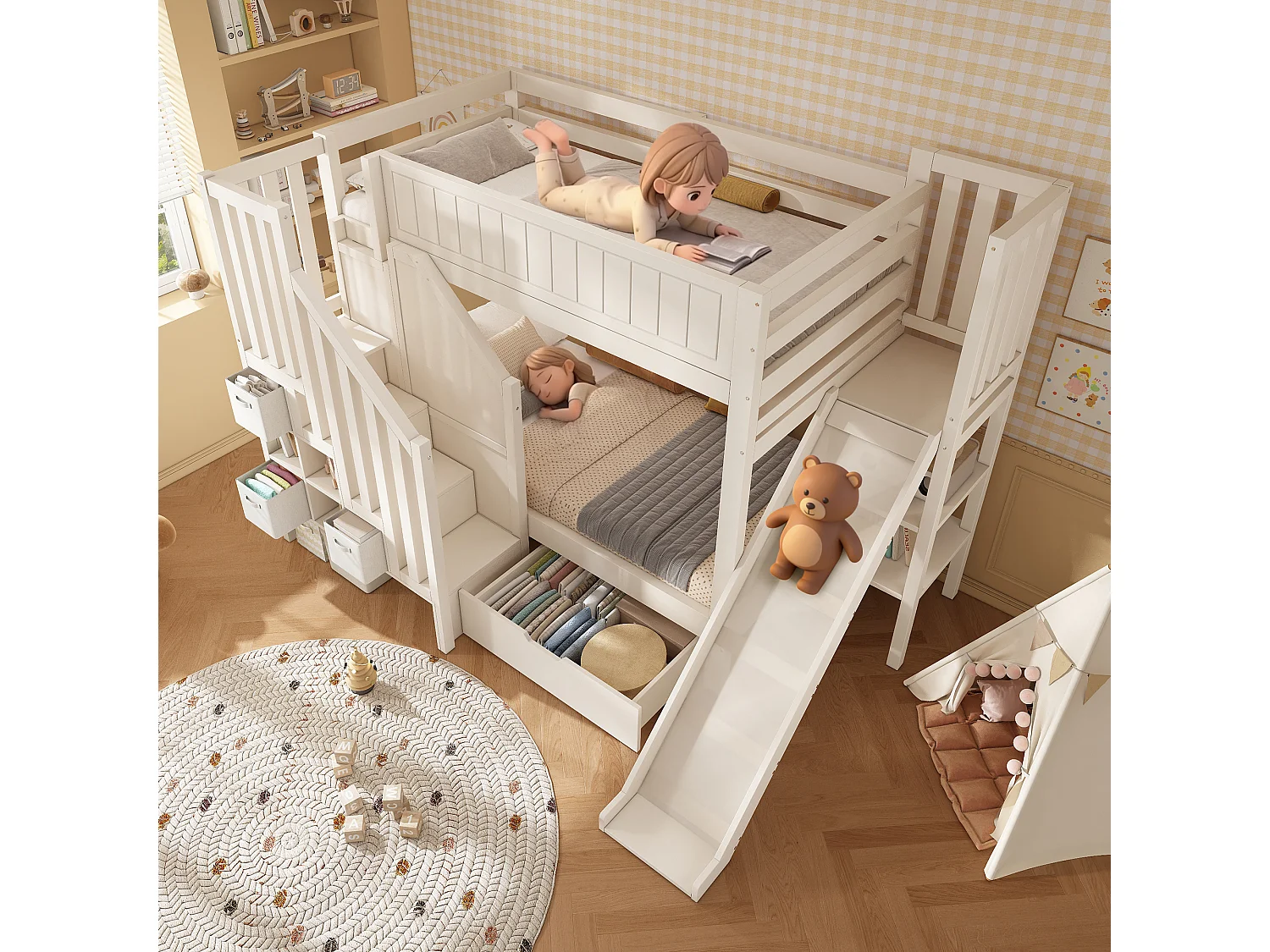 Lit superposé pour enfants 90x200cm - avec toboggan et escalier de rangement - avec 1 tiroir et étagères ouvertes - Blanc (matelas non inclus)