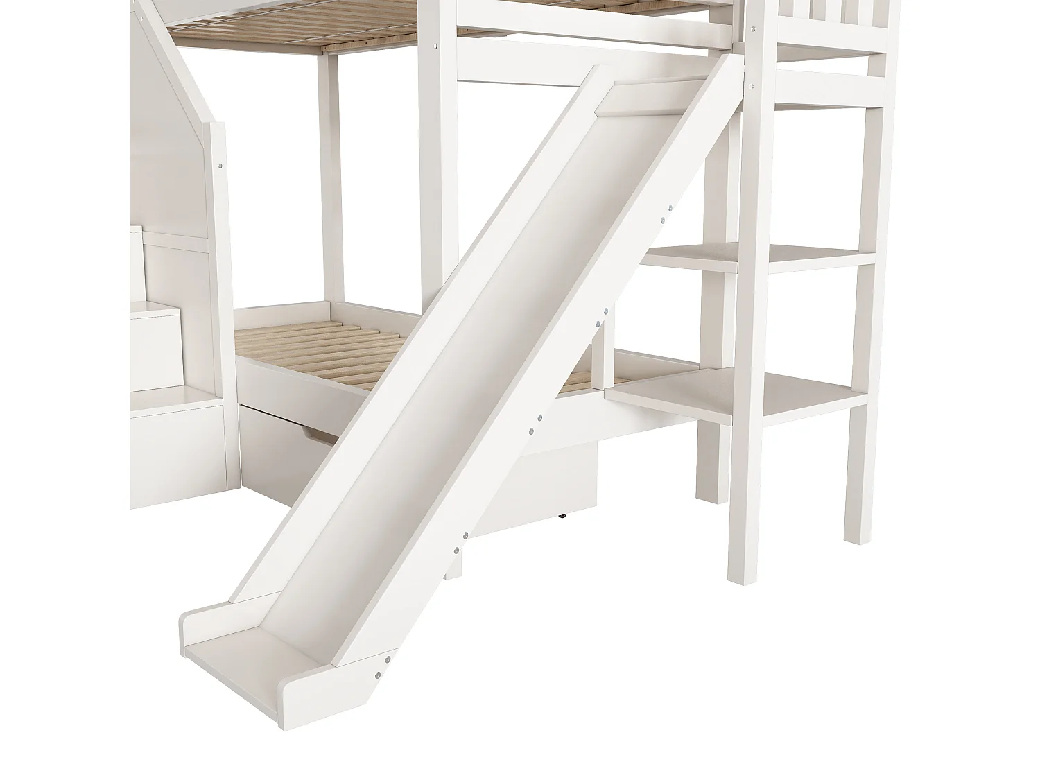 Lit superposé pour enfants 90x200cm - avec toboggan et escalier de rangement - avec 1 tiroir et étagères ouvertes - Blanc (matelas non inclus)