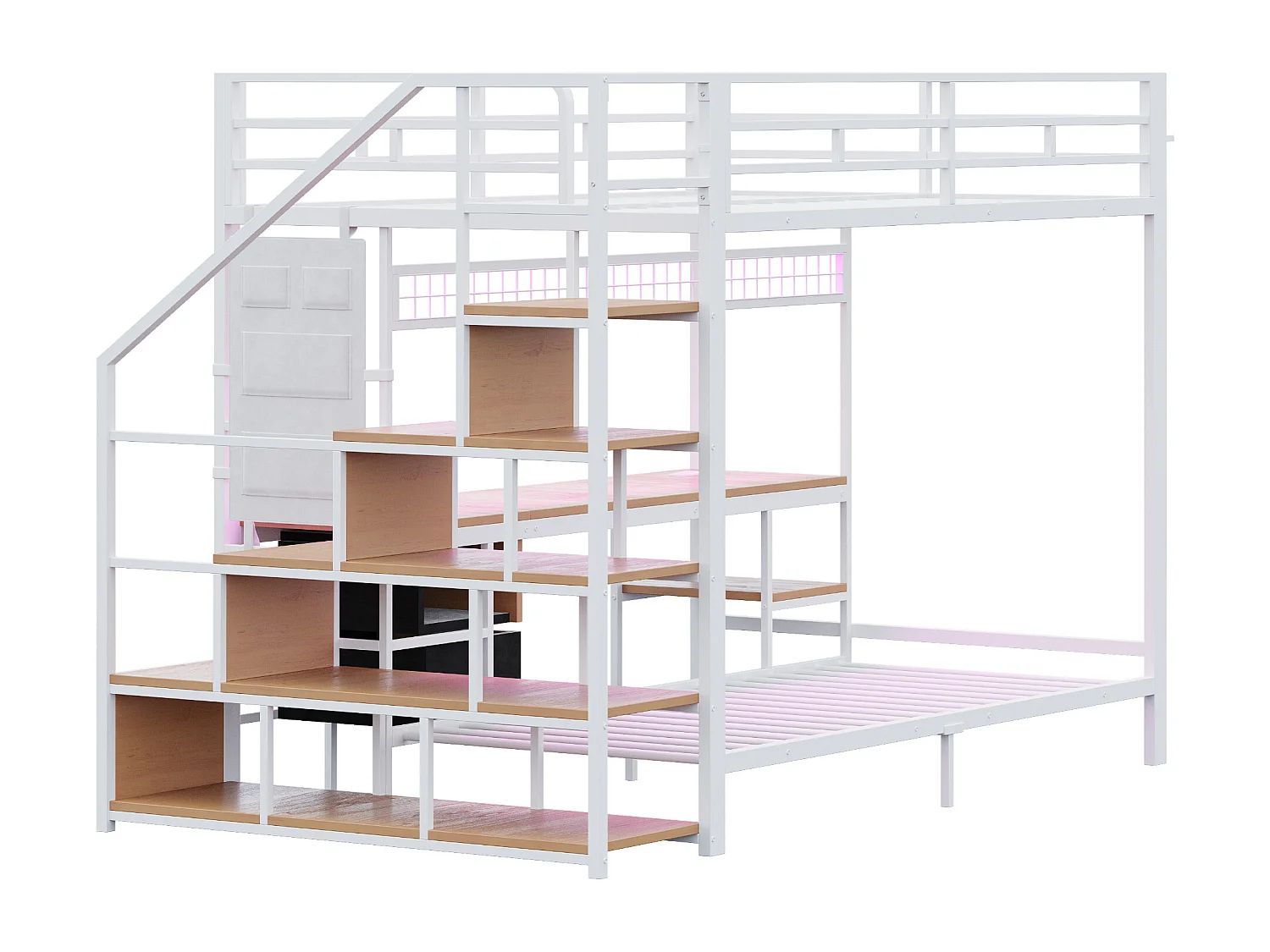 Lit superposé en métal 90x200cm + 140x200cm - avec bureau - éclairage LED - avec prise électrique - avec 2 tiroirs - blanc (matelas non inclus)