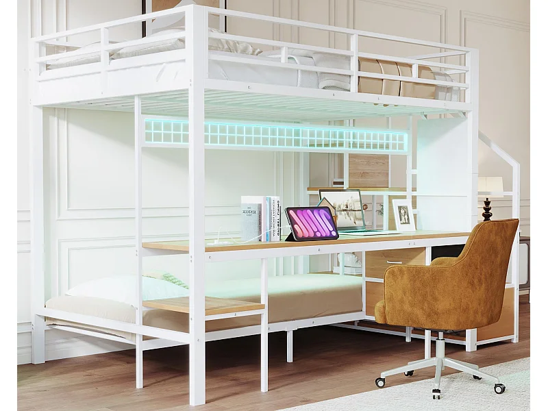 Lit superposé en métal 90x200cm + 140x200cm - avec bureau - éclairage LED - avec prise électrique - avec 2 tiroirs - blanc (matelas non inclus)
