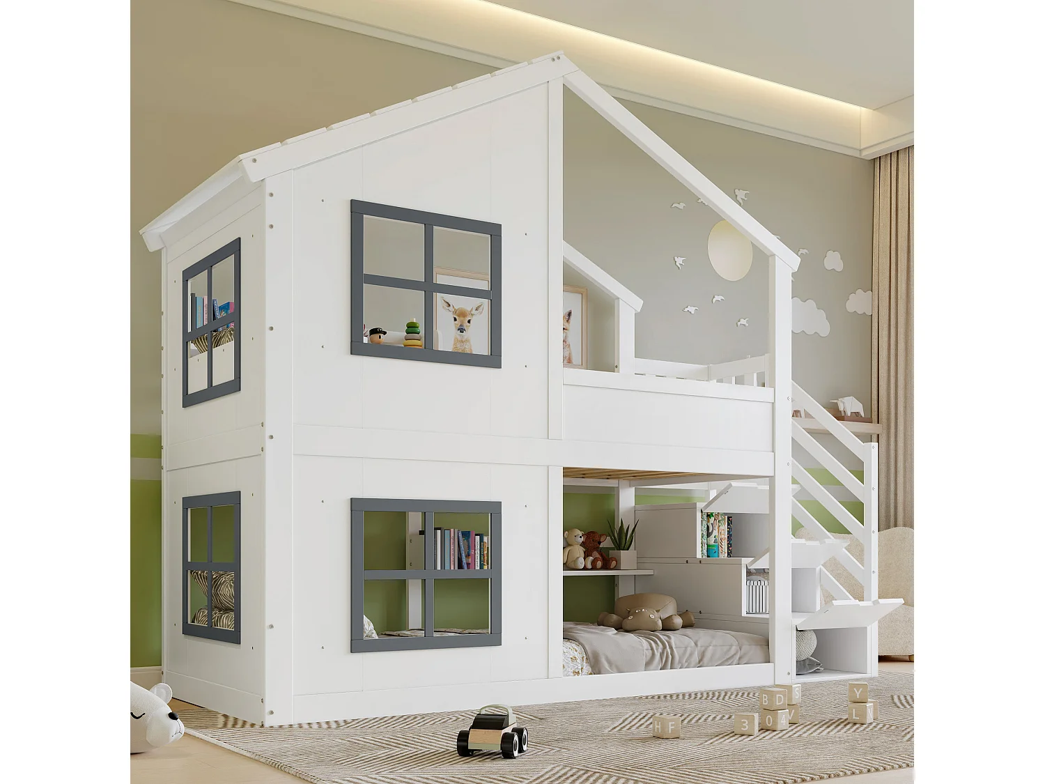 Lit superposé enfant 90x200 cm - avec fenêtre - avec échelle de rangement - bois massif + MDF - blanc + gris (sans matelas)