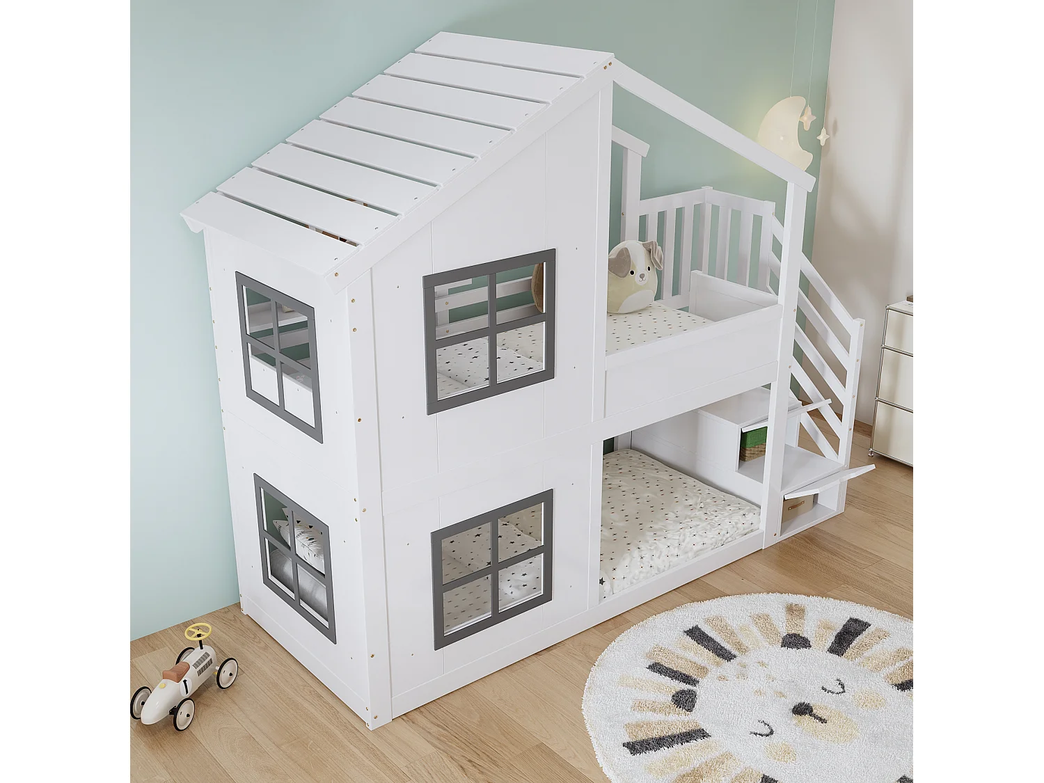 Lit superposé enfant 90x200 cm - avec fenêtre - avec échelle de rangement - bois massif + MDF - blanc + gris (sans matelas)