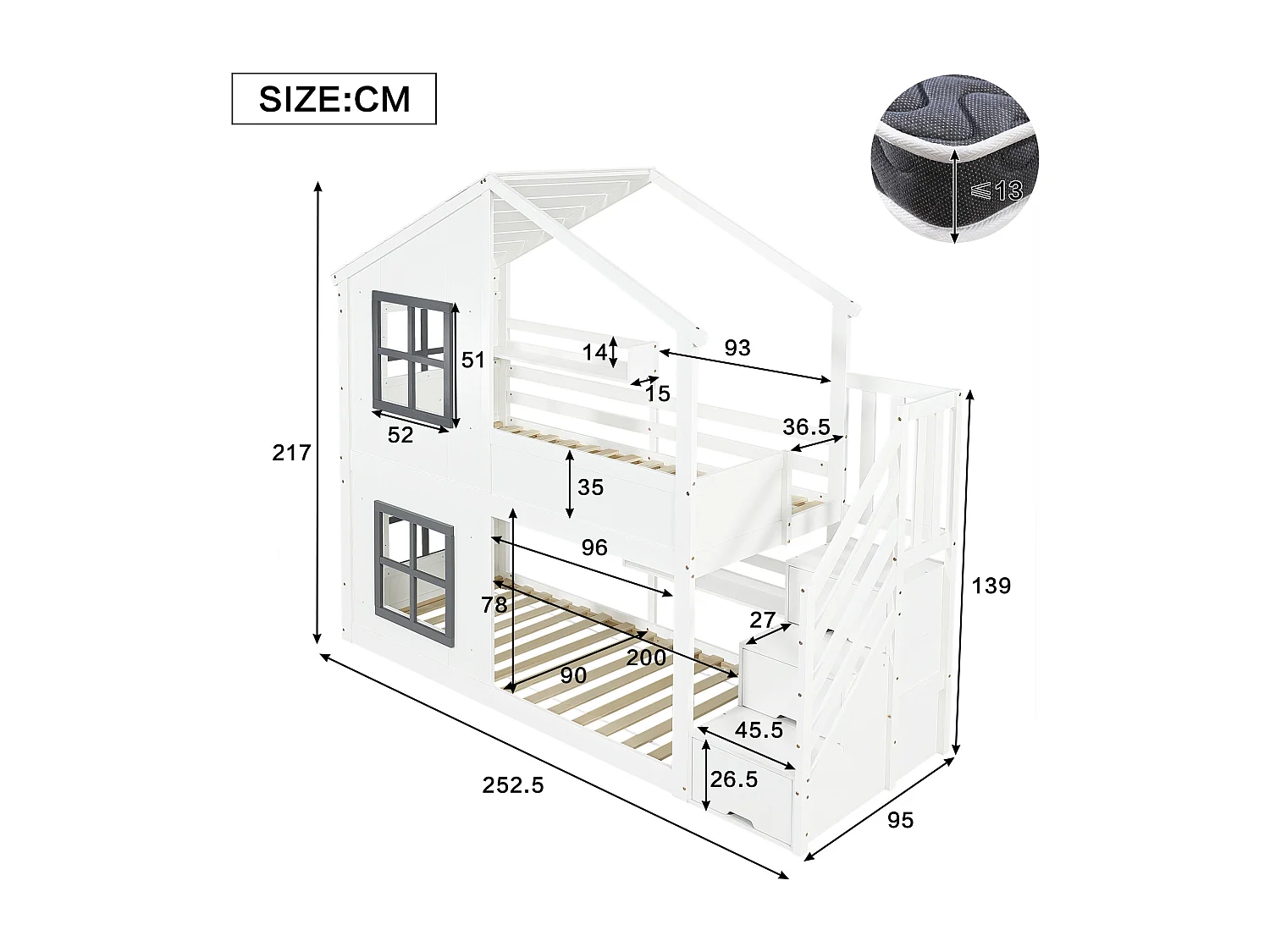 Lit superposé enfant 90x200 cm - avec fenêtre - avec échelle de rangement - bois massif + MDF - blanc + gris (sans matelas)
