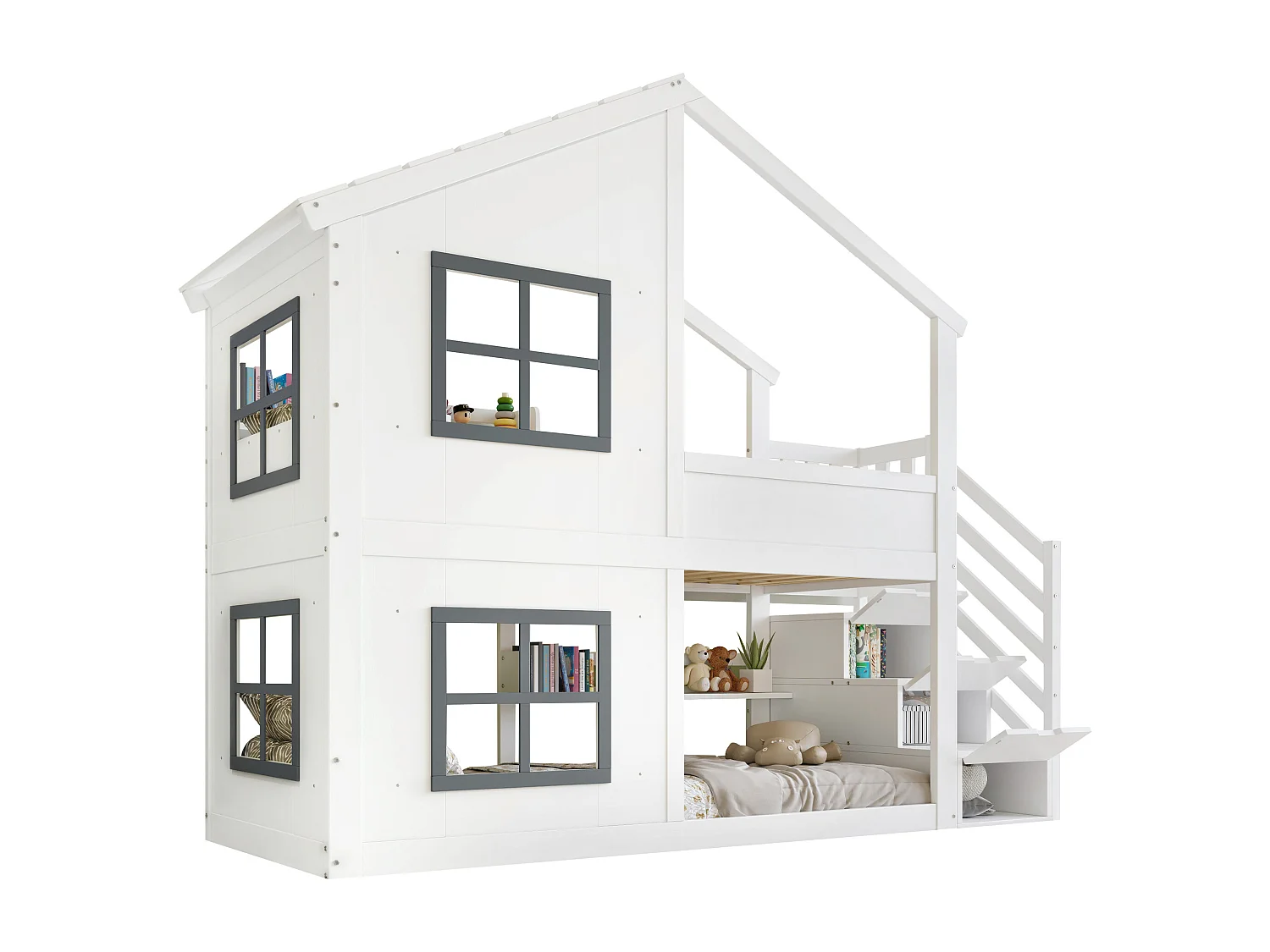 Lit superposé enfant 90x200 cm - avec fenêtre - avec échelle de rangement - bois massif + MDF - blanc + gris (sans matelas)