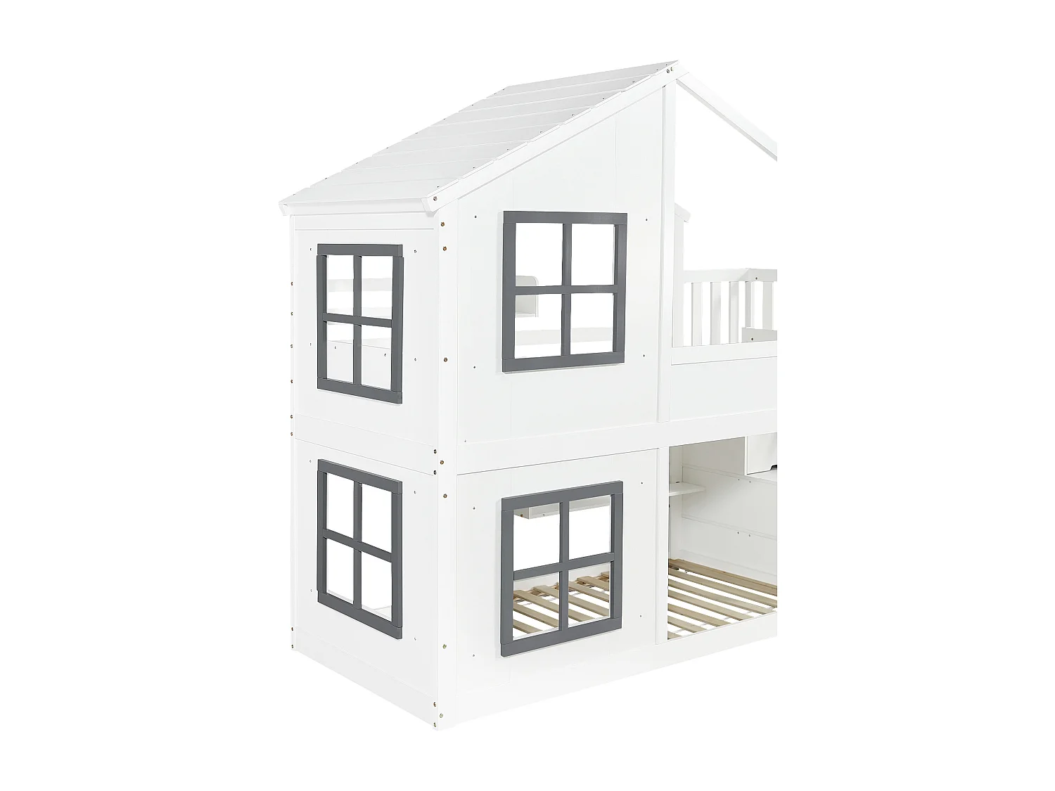 Lit superposé enfant 90x200 cm - avec fenêtre - avec échelle de rangement - bois massif + MDF - blanc + gris (sans matelas)