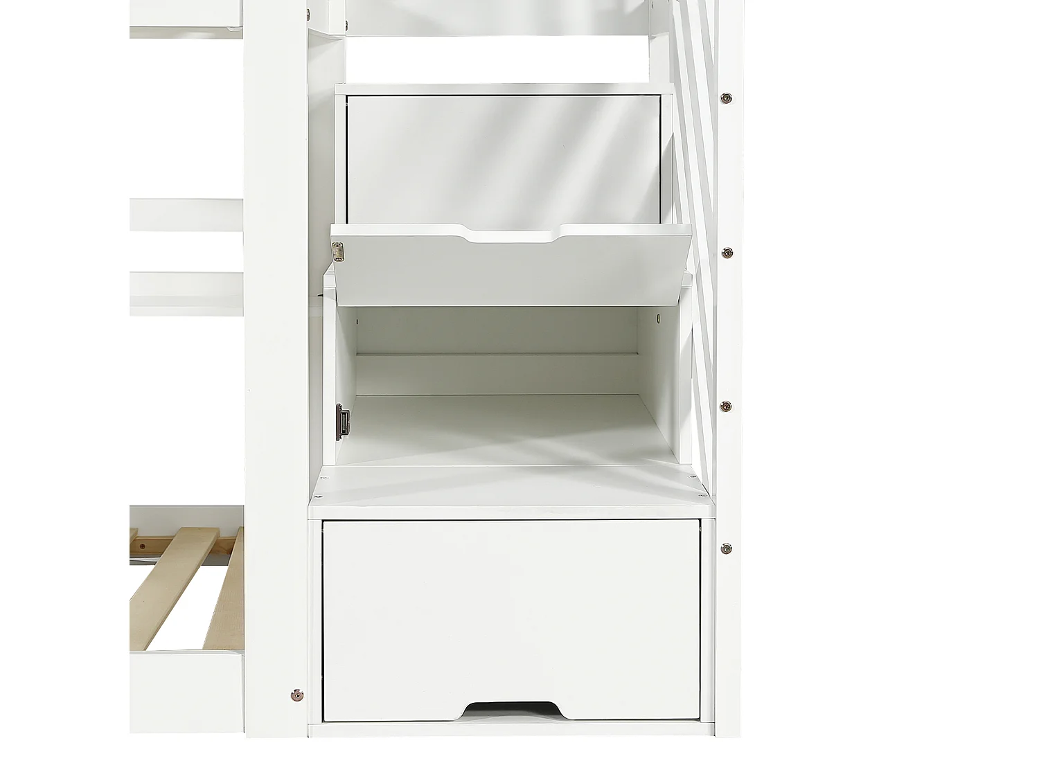 Lit superposé enfant 90x200 cm - avec fenêtre - avec échelle de rangement - bois massif + MDF - blanc + gris (sans matelas)