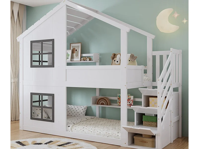 Lit superposé enfant 90x200 cm - avec fenêtre - avec échelle de rangement - bois massif + MDF - blanc + gris (sans matelas)