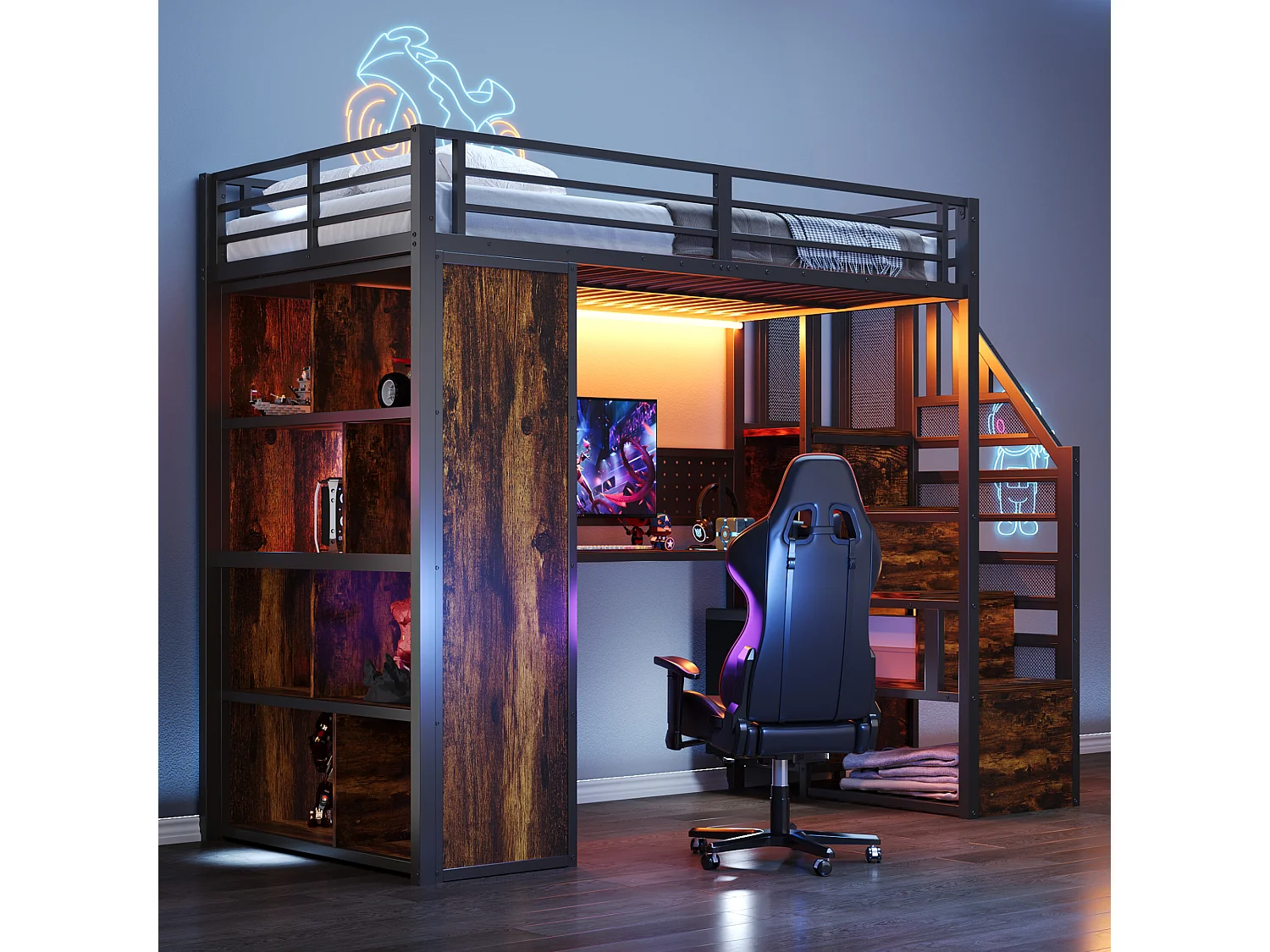 Cama altillo de metal 90x200 cm - con perchero abierto y compartimentos de almacenamiento - con escritorio y escalera - con banda de luz LED - negro