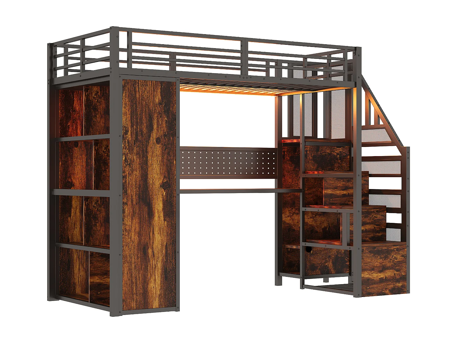 Cama altillo de metal 90x200 cm - con perchero abierto y compartimentos de almacenamiento - con escritorio y escalera - con banda de luz LED - negro