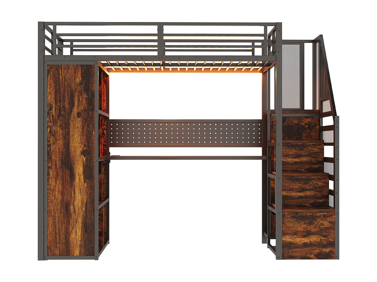 Cama altillo de metal 90x200 cm - con perchero abierto y compartimentos de almacenamiento - con escritorio y escalera - con banda de luz LED - negro