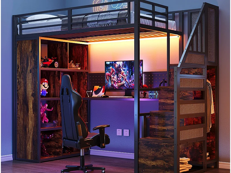 Cama altillo de metal 90x200 cm - con perchero abierto y compartimentos de almacenamiento - con escritorio y escalera - con banda de luz LED - negro