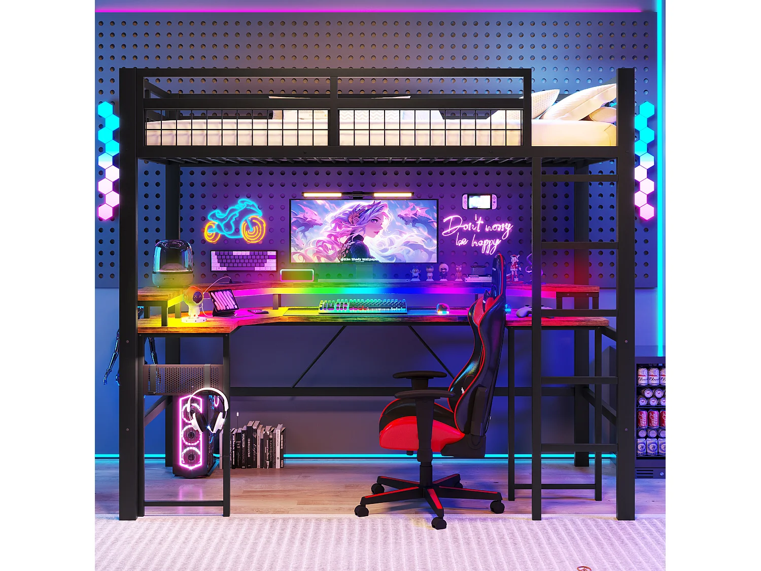 Łóżko na antresoli 90x200 cm - Oświetlenie LED - Wbudowane biurko - 1 port USB + 1 port Type-C + 2 gniazdka elektryczne - Czarny​ (materac nie jest wliczony w cenę)