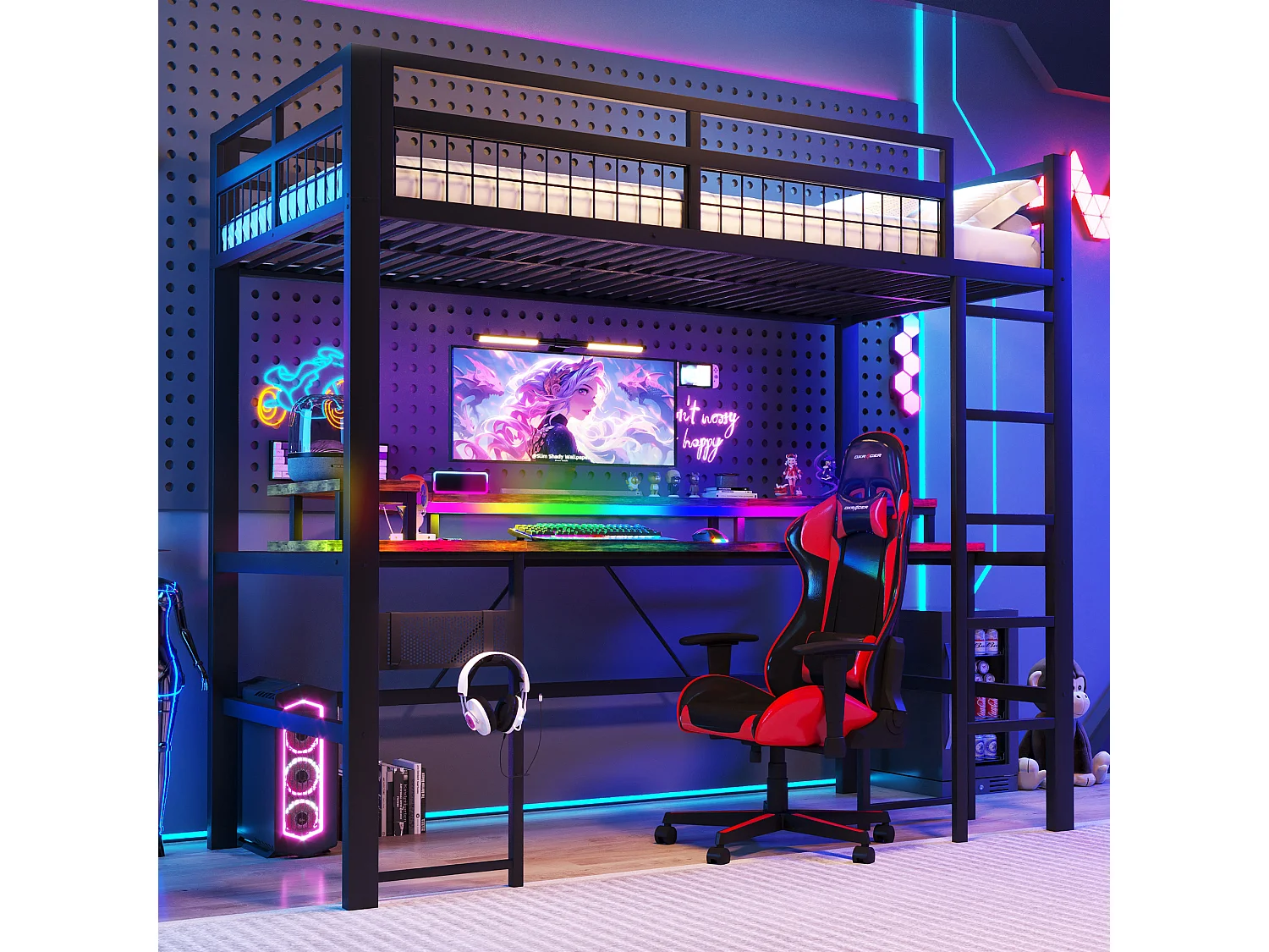 Łóżko na antresoli 90x200 cm - Oświetlenie LED - Wbudowane biurko - 1 port USB + 1 port Type-C + 2 gniazdka elektryczne - Czarny​ (materac nie jest wliczony w cenę)