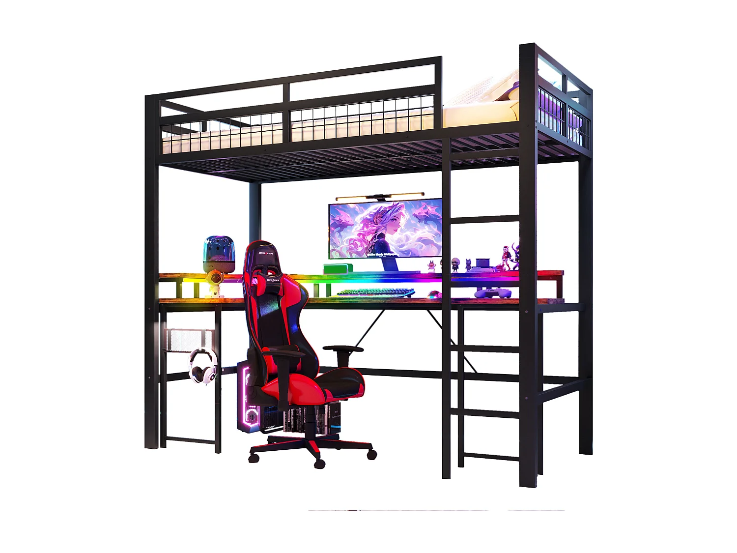 Łóżko na antresoli 90x200 cm - Oświetlenie LED - Wbudowane biurko - 1 port USB + 1 port Type-C + 2 gniazdka elektryczne - Czarny​ (materac nie jest wliczony w cenę)