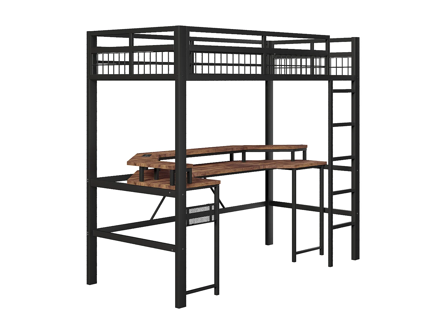 Łóżko na antresoli 90x200 cm - Oświetlenie LED - Wbudowane biurko - 1 port USB + 1 port Type-C + 2 gniazdka elektryczne - Czarny​ (materac nie jest wliczony w cenę)