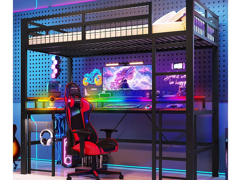 Łóżko na antresoli 90x200 cm - Oświetlenie LED - Wbudowane biurko - 1 port USB + 1 port Type-C + 2 gniazdka elektryczne - Czarny​ (materac nie jest wliczony w cenę)