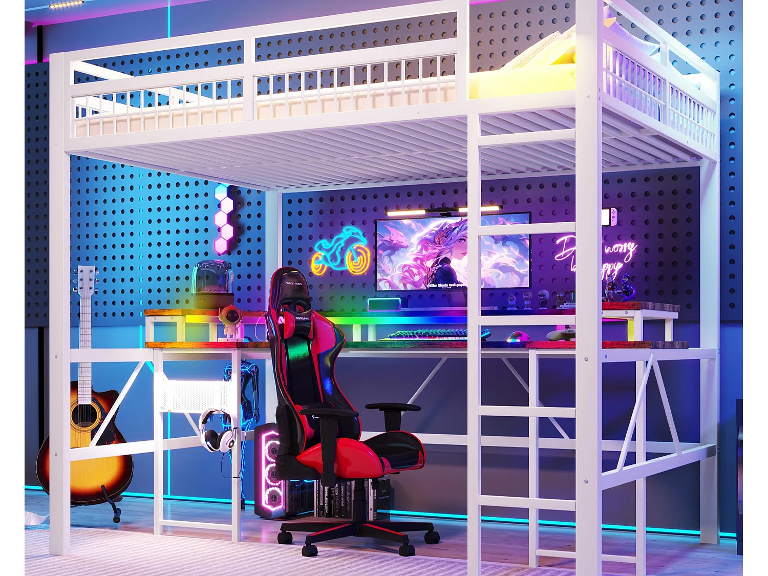 Łóżko na antresoli 140x200 cm - Oświetlenie LED - Wbudowane biurko - 1 port USB + 1 port Type-C + 2 gniazdka elektryczne - Biały​ (materac nie jest wliczony w cenę)