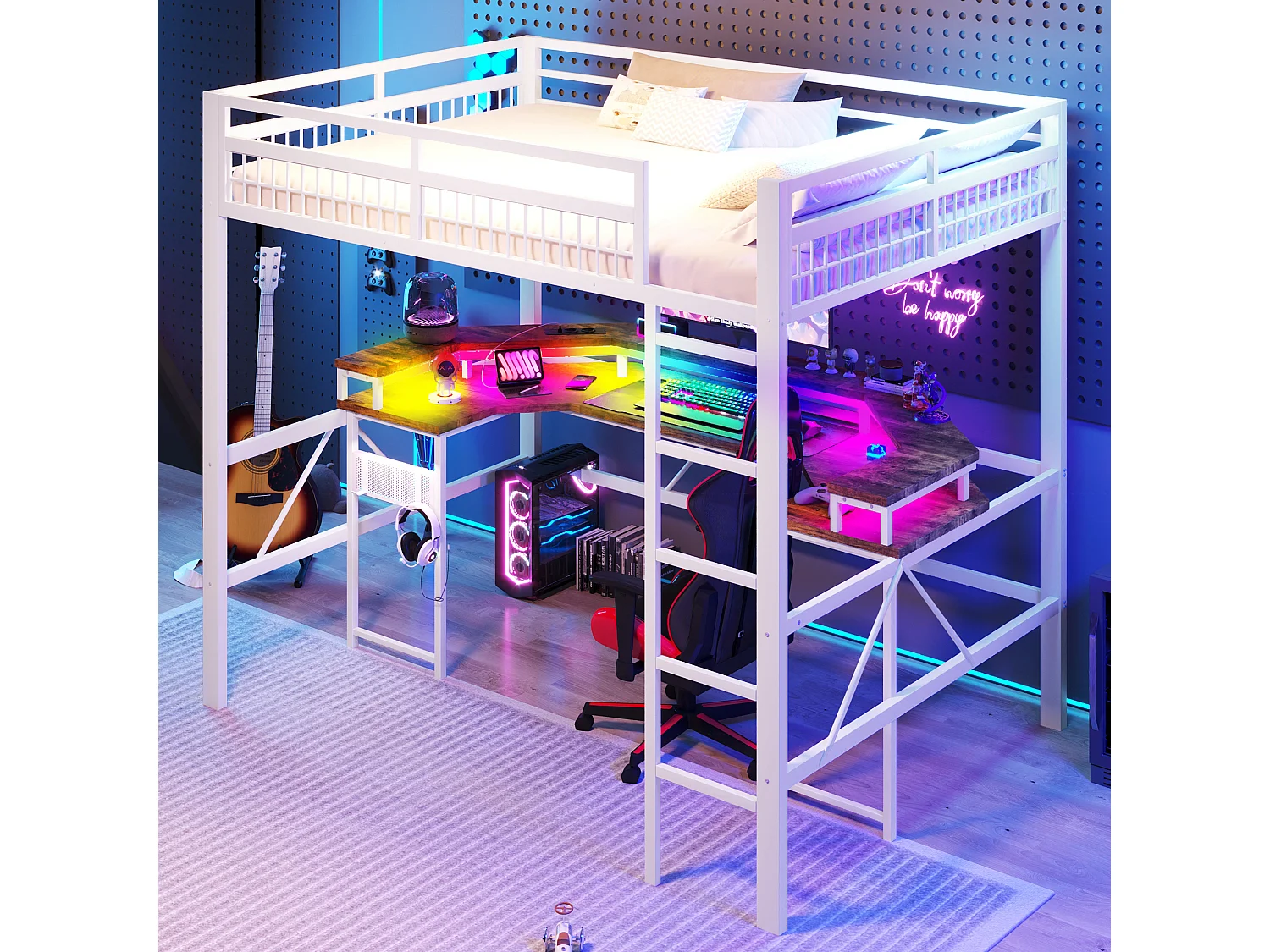 Łóżko na antresoli 140x200 cm - Oświetlenie LED - Wbudowane biurko - 1 port USB + 1 port Type-C + 2 gniazdka elektryczne - Biały​ (materac nie jest wliczony w cenę)