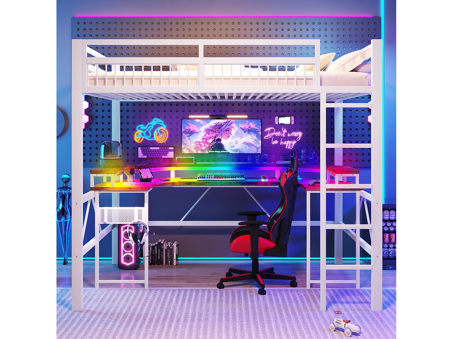 Łóżko na antresoli 140x200 cm - Oświetlenie LED - Wbudowane biurko - 1 port USB + 1 port Type-C + 2 gniazdka elektryczne - Biały​ (materac nie jest wliczony w cenę)