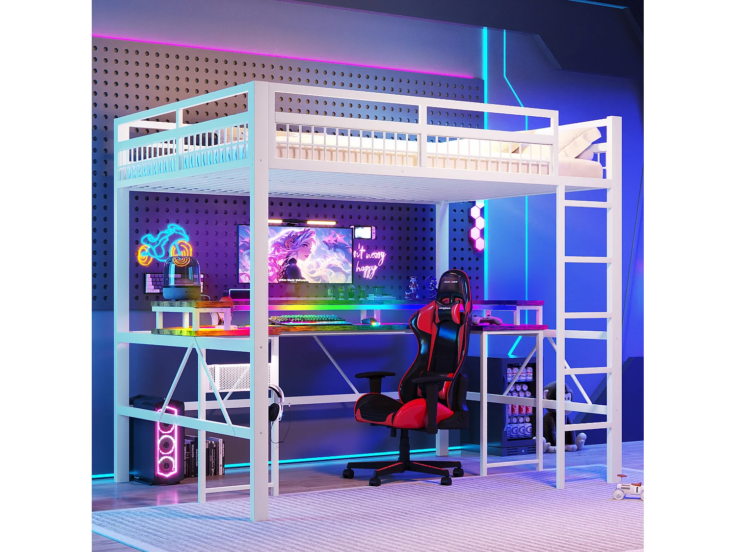 Łóżko na antresoli 140x200 cm - Oświetlenie LED - Wbudowane biurko - 1 port USB + 1 port Type-C + 2 gniazdka elektryczne - Biały​ (materac nie jest wliczony w cenę)