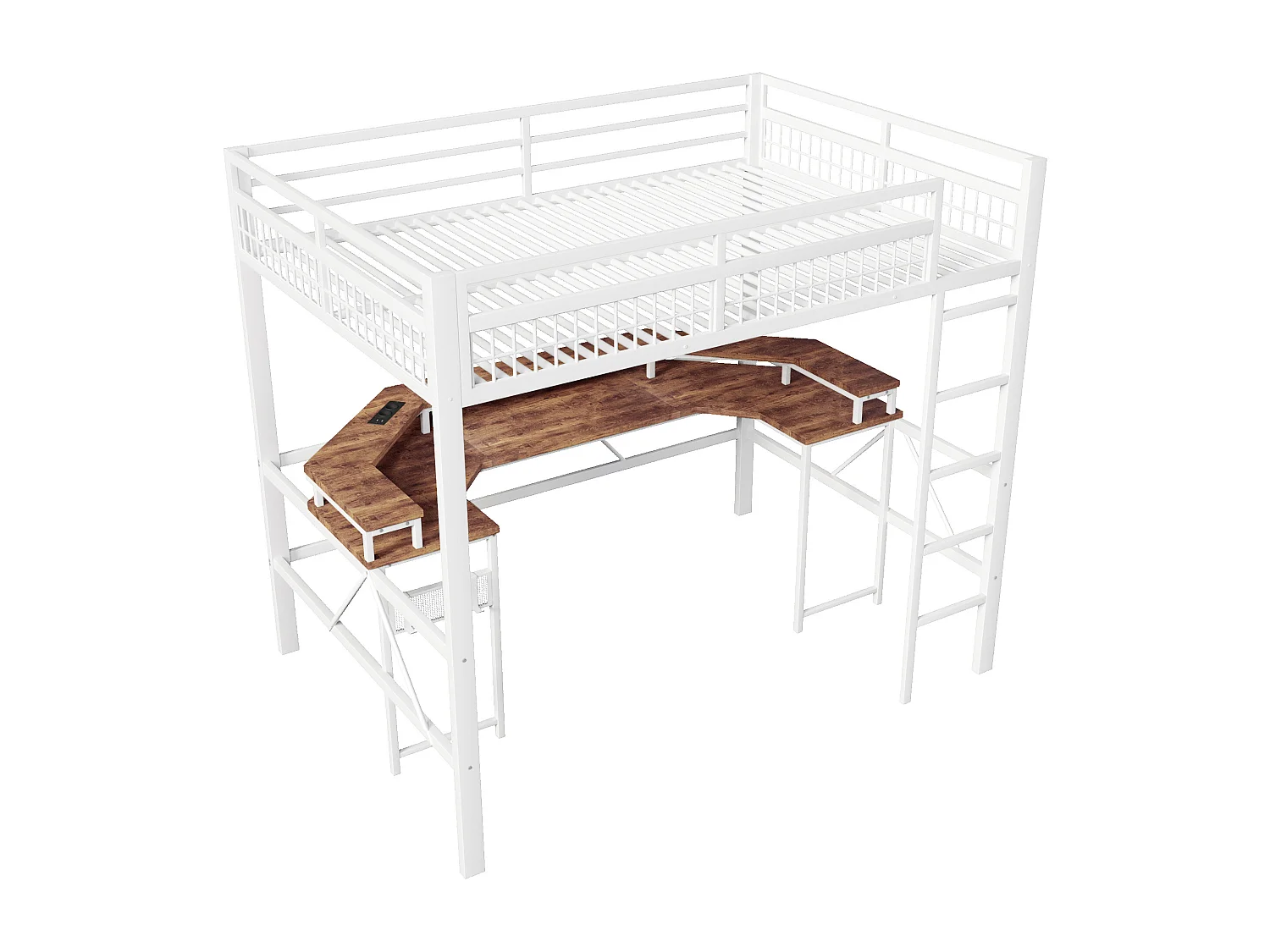 Łóżko na antresoli 140x200 cm - Oświetlenie LED - Wbudowane biurko - 1 port USB + 1 port Type-C + 2 gniazdka elektryczne - Biały​ (materac nie jest wliczony w cenę)