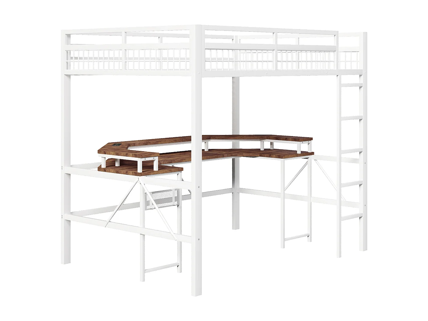 Łóżko na antresoli 140x200 cm - Oświetlenie LED - Wbudowane biurko - 1 port USB + 1 port Type-C + 2 gniazdka elektryczne - Biały​ (materac nie jest wliczony w cenę)