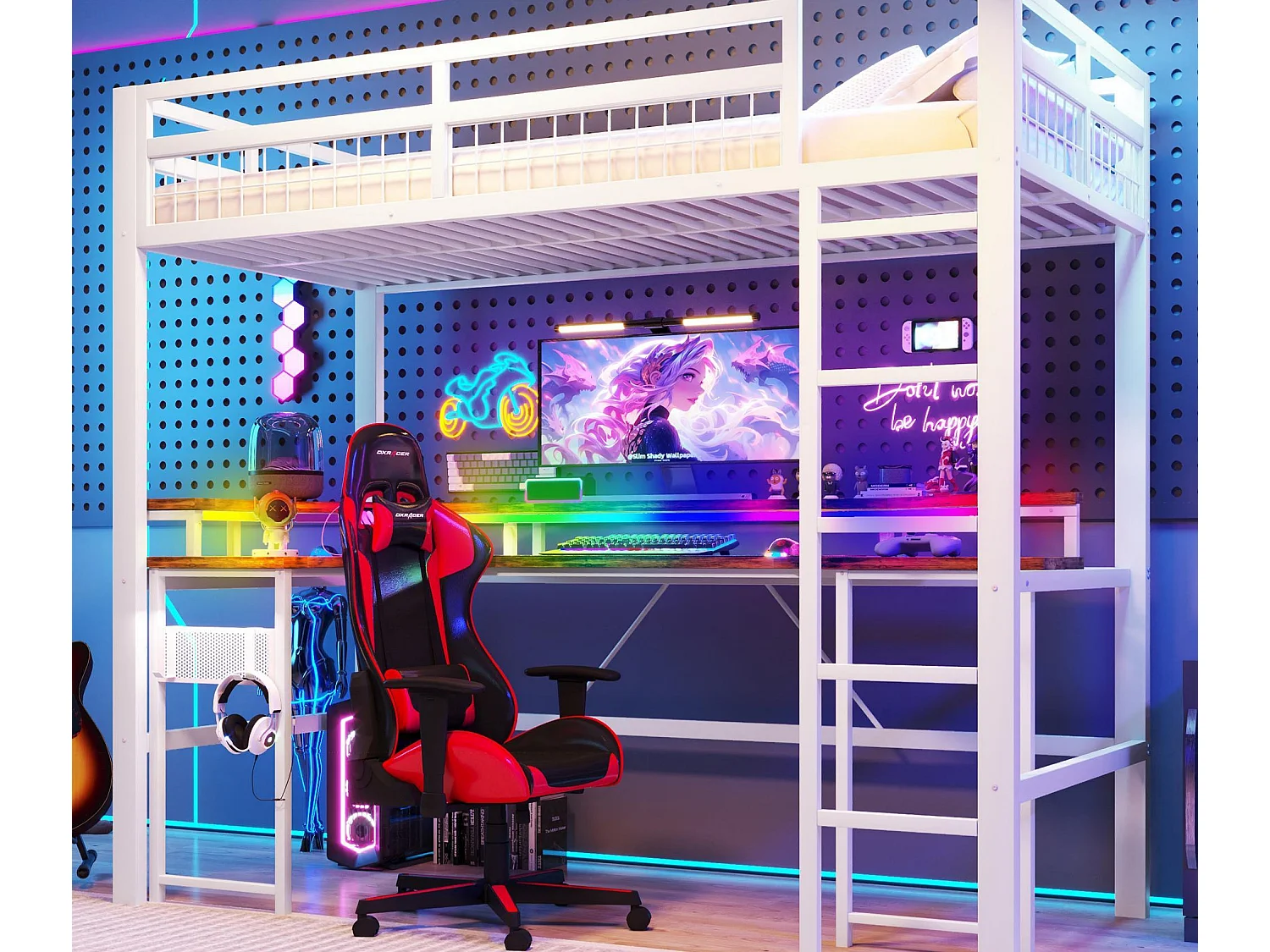 Łóżko na antresoli 90x200 cm - Oświetlenie LED - Wbudowane biurko - 1 port USB + 1 port Type-C + 2 gniazdka elektryczne - Biały​ (materac nie jest wliczony w cenę)