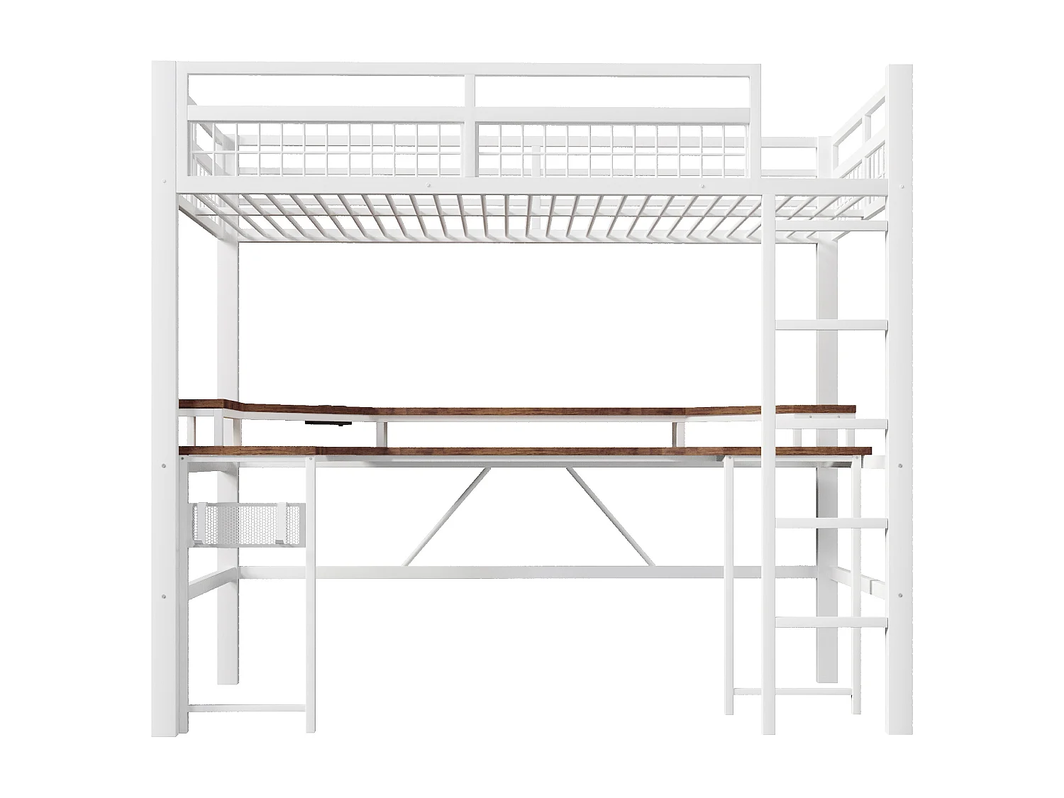 Łóżko na antresoli 90x200 cm - Oświetlenie LED - Wbudowane biurko - 1 port USB + 1 port Type-C + 2 gniazdka elektryczne - Biały​ (materac nie jest wliczony w cenę)