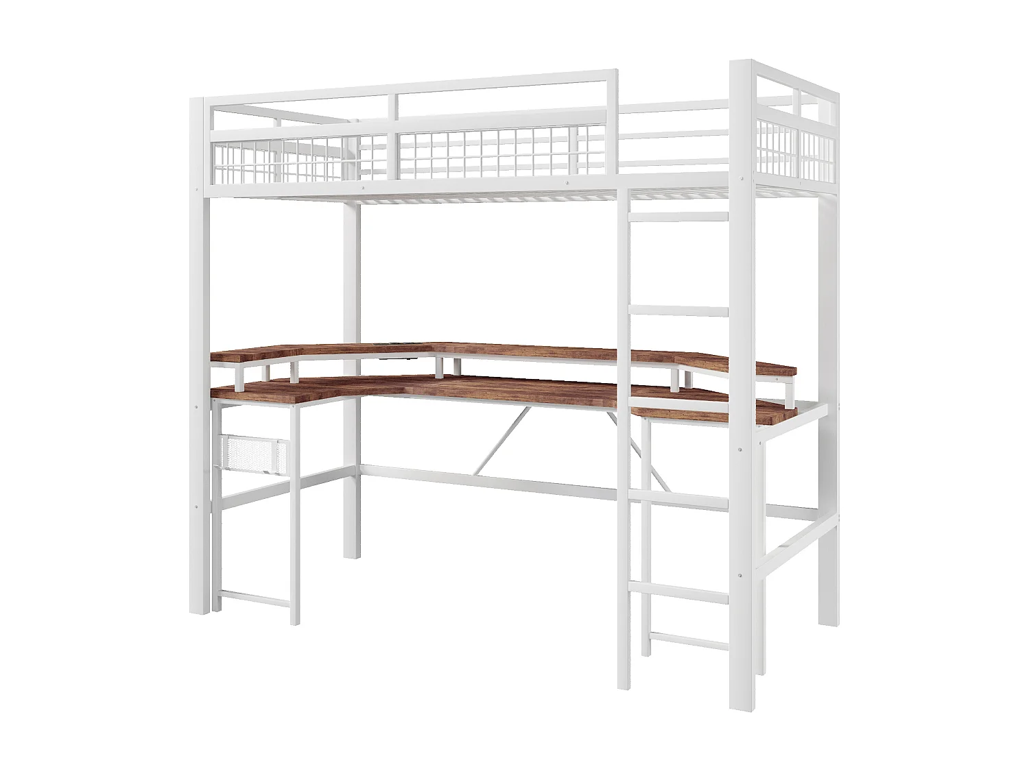 Łóżko na antresoli 90x200 cm - Oświetlenie LED - Wbudowane biurko - 1 port USB + 1 port Type-C + 2 gniazdka elektryczne - Biały​ (materac nie jest wliczony w cenę)