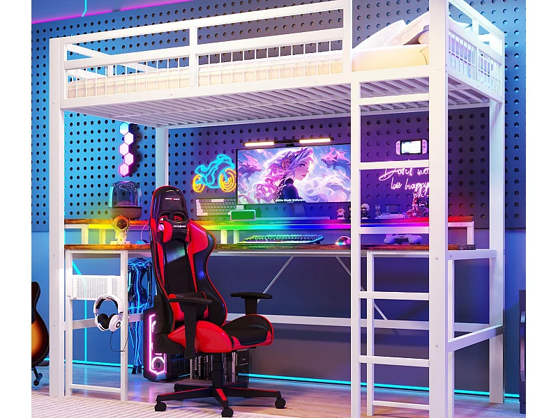 Hoogslaper 90x200 cm - LED-verlichting - Ingebouwd bureau - 1 USB-poort + 1 Type-C-poort + 2 stopcontacten - Wit​ (matras niet inbegrepen)