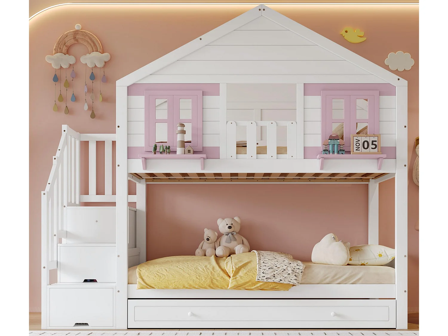Łóżko piętrowe dziecięce 90x200 cm - Z wysuwanym łóżkiem - z drabiną z pojemnikami i szafą - lite drewno + MDF - biały​ (bez materaca)