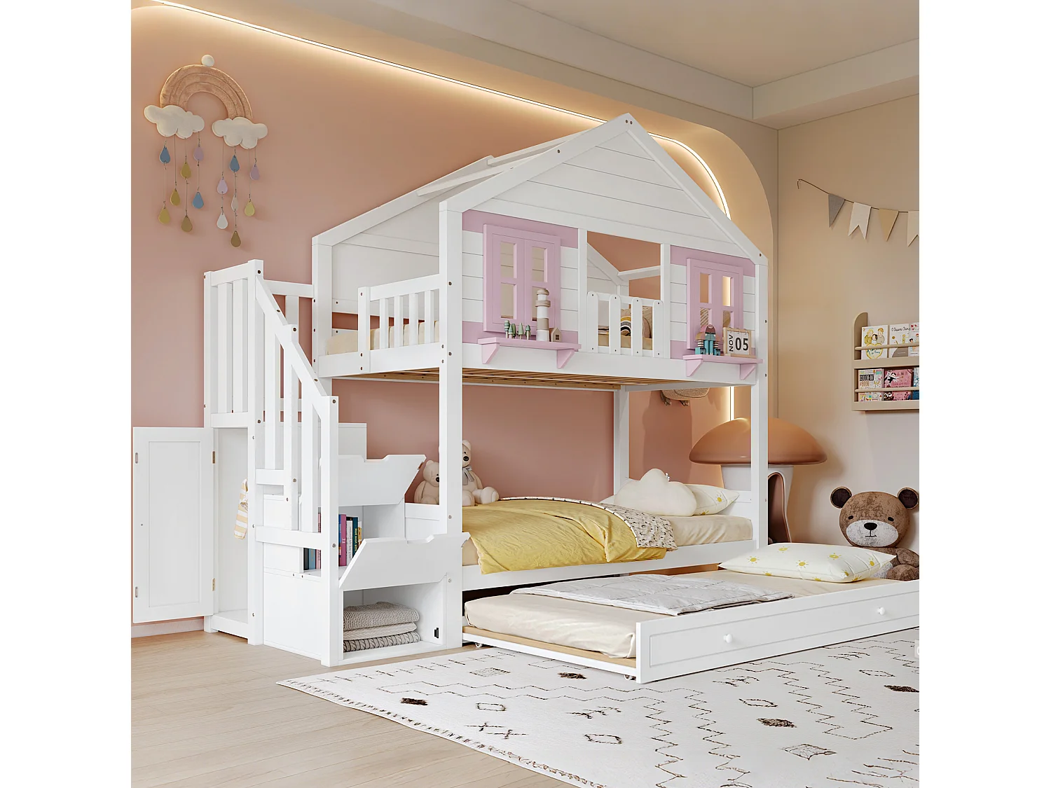 Łóżko piętrowe dziecięce 90x200 cm - Z wysuwanym łóżkiem - z drabiną z pojemnikami i szafą - lite drewno + MDF - biały​ (bez materaca)