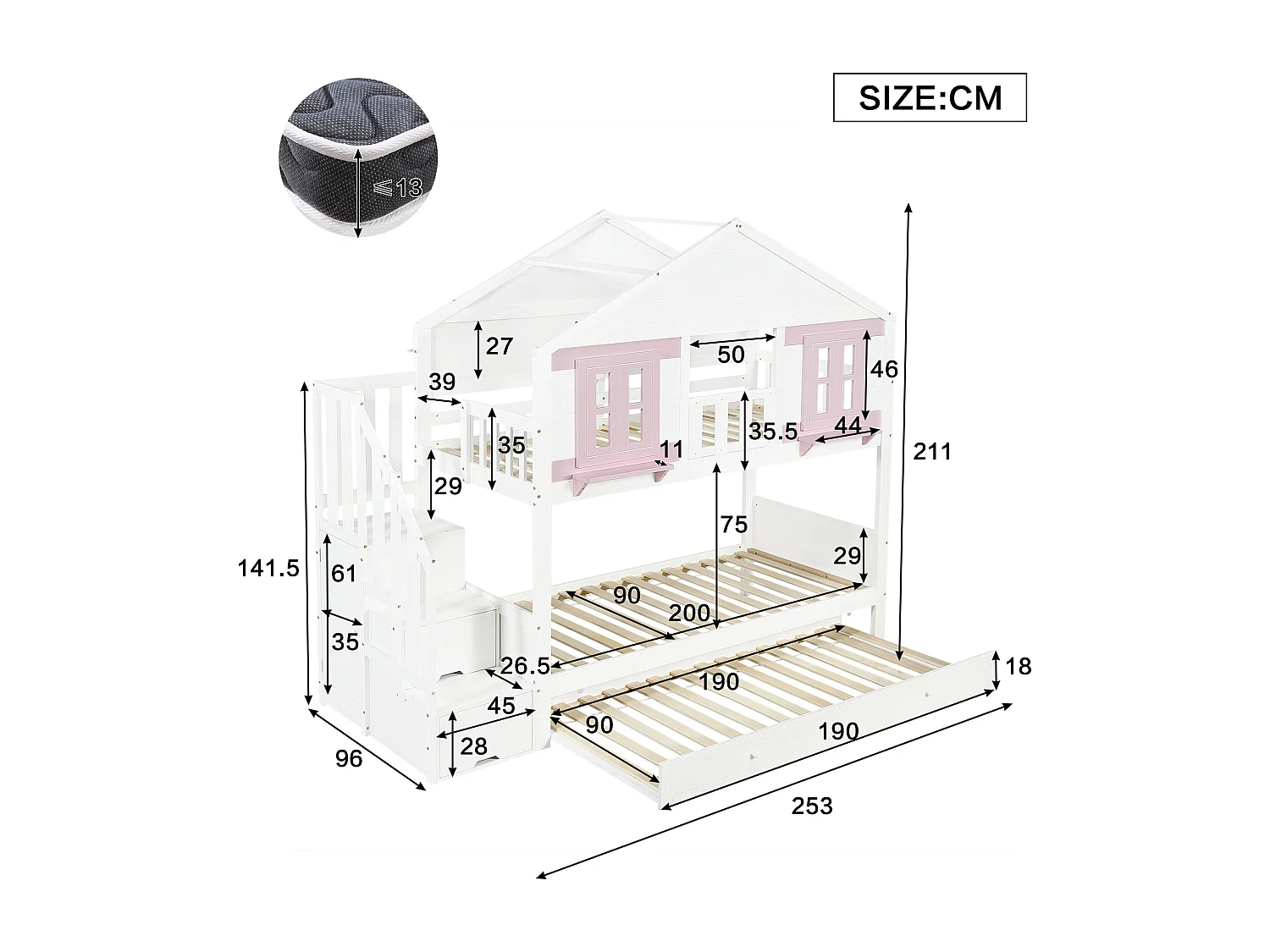Łóżko piętrowe dziecięce 90x200 cm - Z wysuwanym łóżkiem - z drabiną z pojemnikami i szafą - lite drewno + MDF - biały​ (bez materaca)