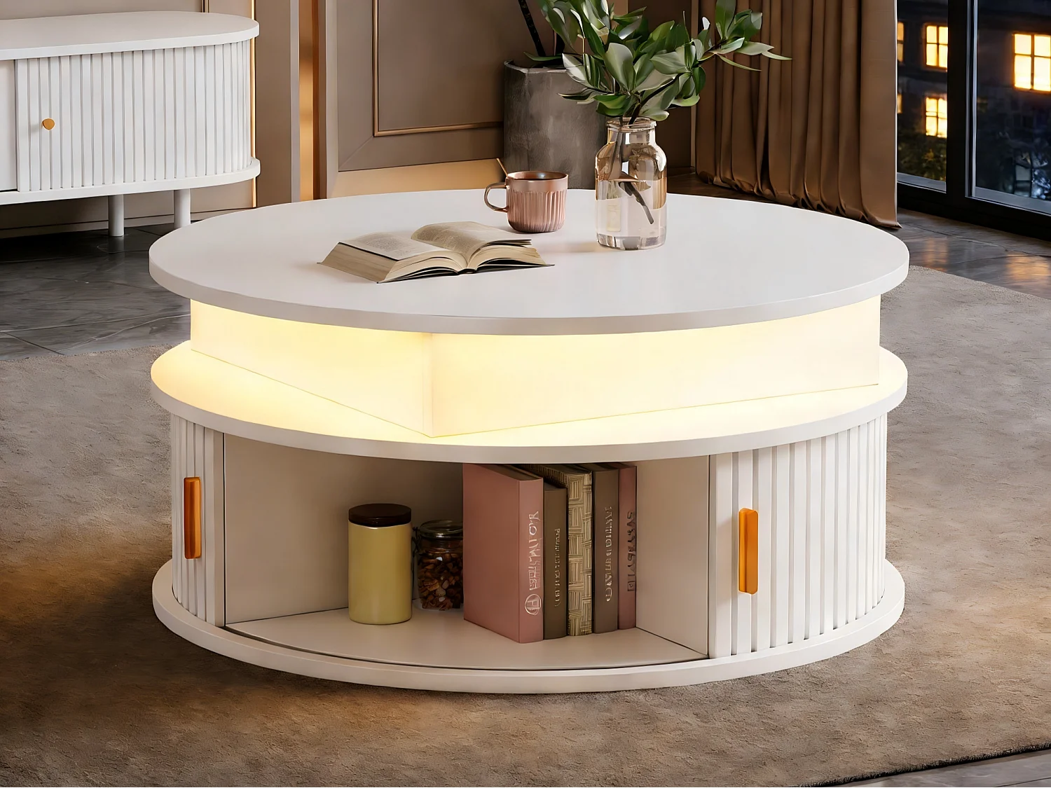 Okrągły podnoszony stolik kawowy 75x75x52 cm - z oświetleniem LED - 2 drzwi - przegródki do przechowywania - biały