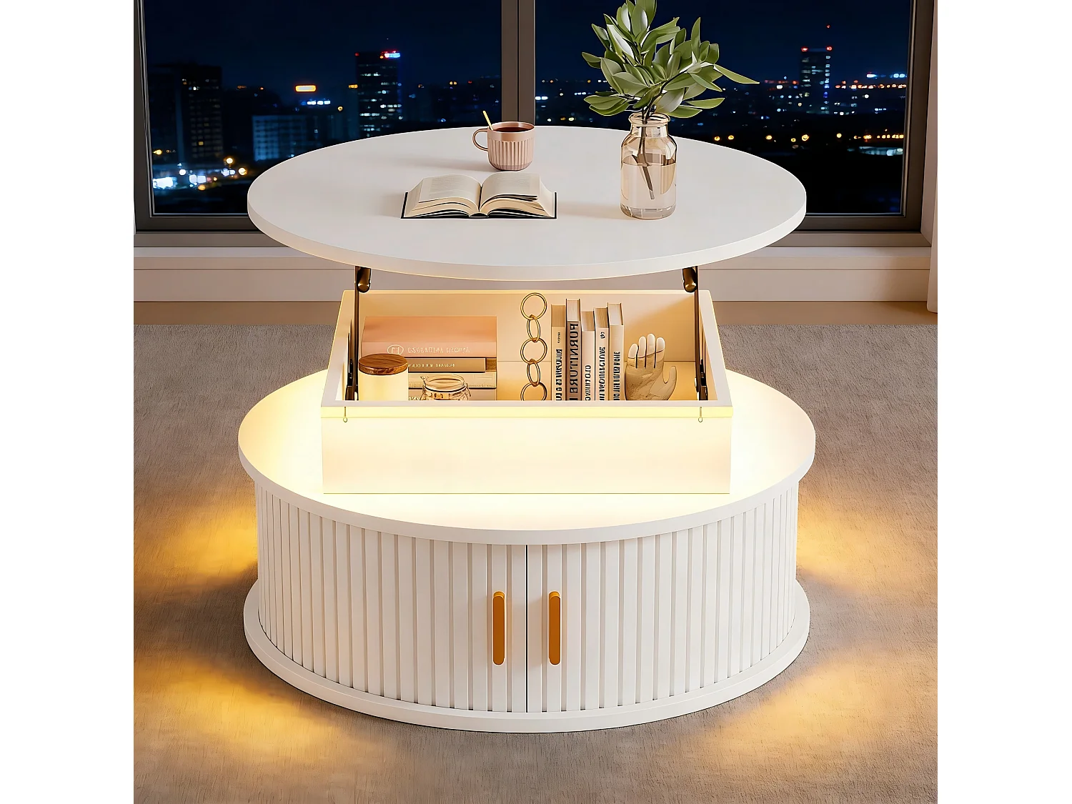 Okrągły podnoszony stolik kawowy 75x75x52 cm - z oświetleniem LED - 2 drzwi - przegródki do przechowywania - biały