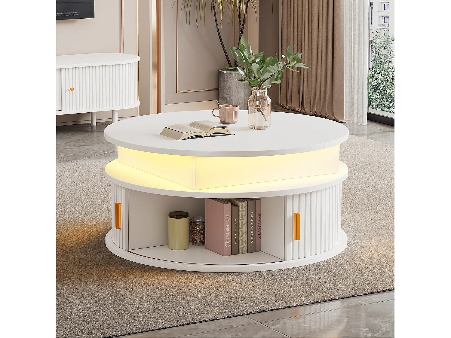 Okrągły podnoszony stolik kawowy 75x75x52 cm - z oświetleniem LED - 2 drzwi - przegródki do przechowywania - biały