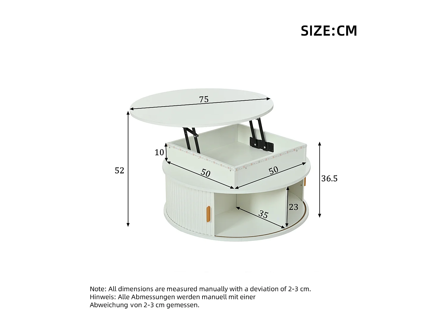 Okrągły podnoszony stolik kawowy 75x75x52 cm - z oświetleniem LED - 2 drzwi - przegródki do przechowywania - biały