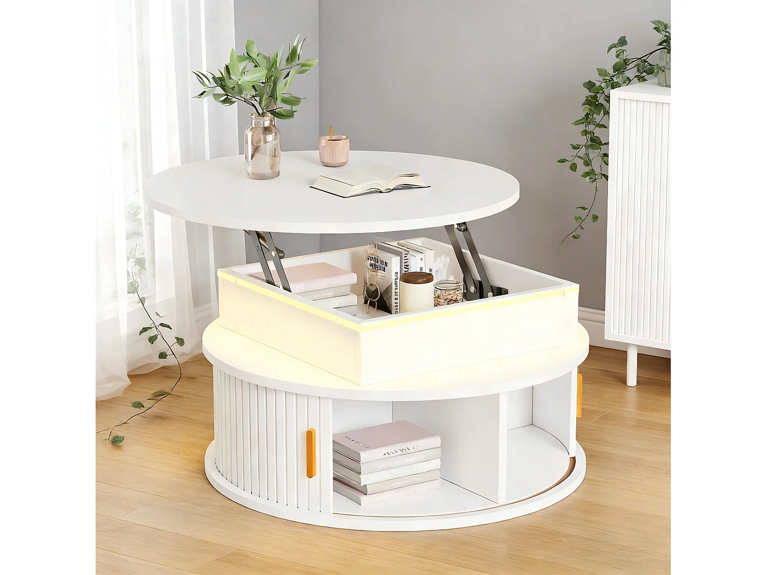 Okrągły podnoszony stolik kawowy 75x75x52 cm - z oświetleniem LED - 2 drzwi - przegródki do przechowywania - biały