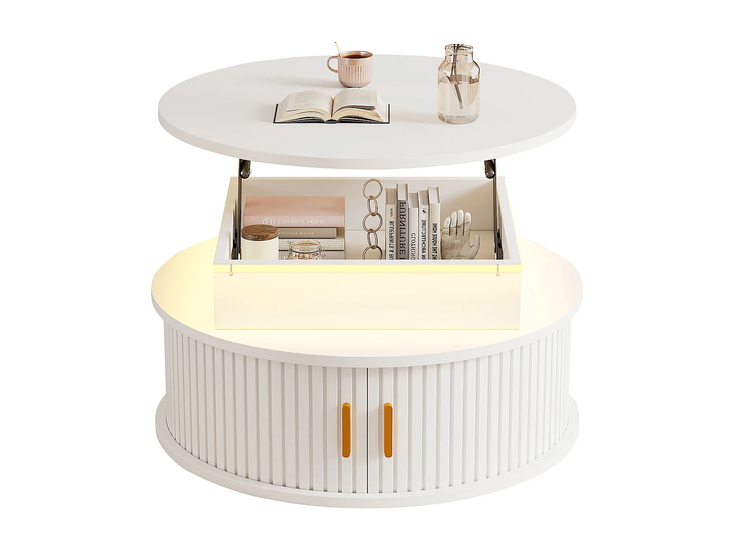 Okrągły podnoszony stolik kawowy 75x75x52 cm - z oświetleniem LED - 2 drzwi - przegródki do przechowywania - biały
