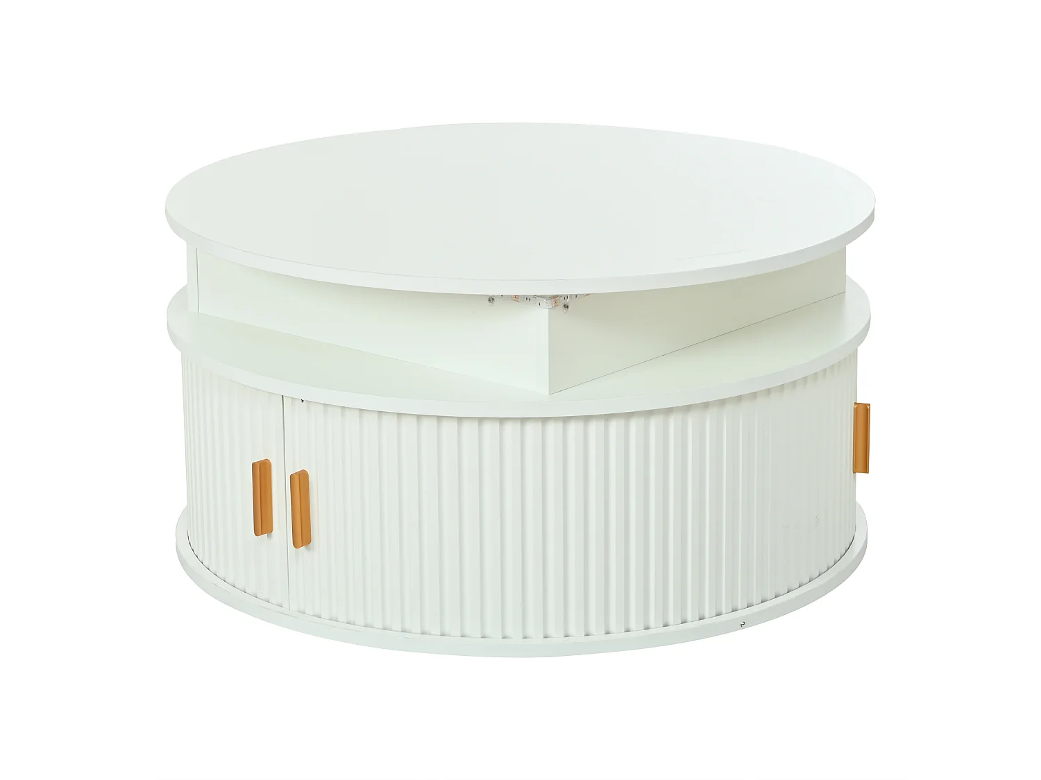 Okrągły podnoszony stolik kawowy 75x75x52 cm - z oświetleniem LED - 2 drzwi - przegródki do przechowywania - biały