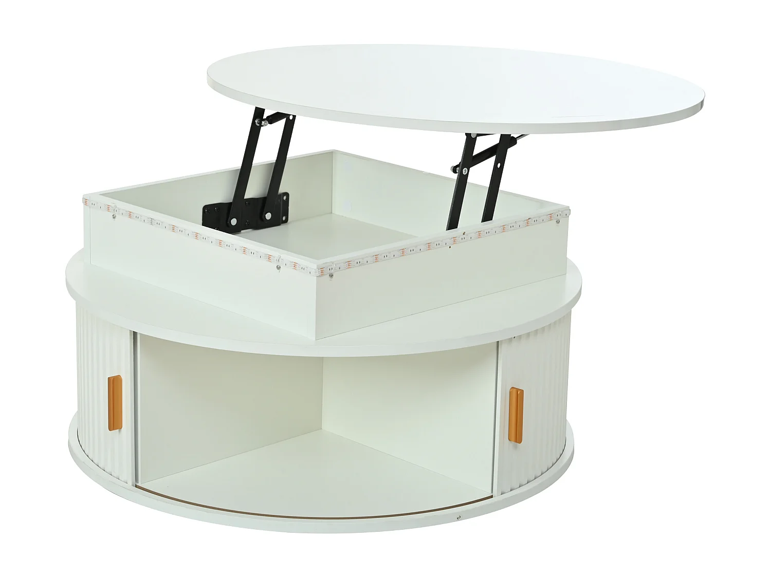 Okrągły podnoszony stolik kawowy 75x75x52 cm - z oświetleniem LED - 2 drzwi - przegródki do przechowywania - biały