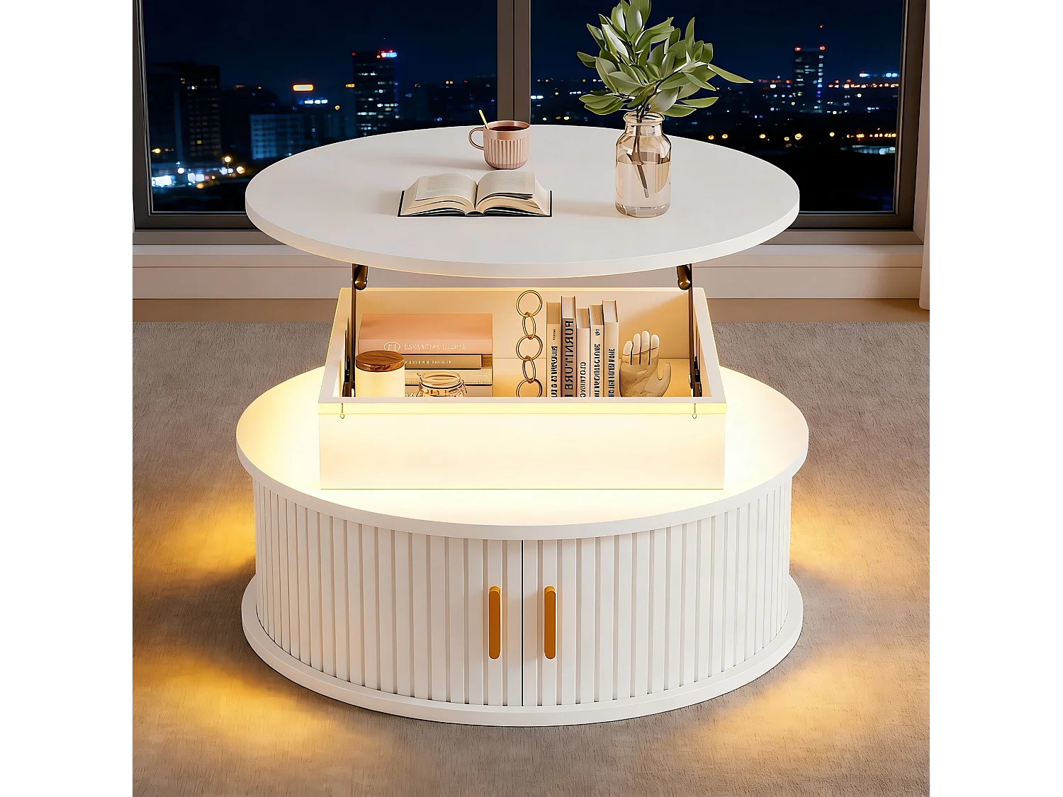 Round lift-top coffee table 75x75x52 cm - with LED lighting - 2 doors - storage compartments - white